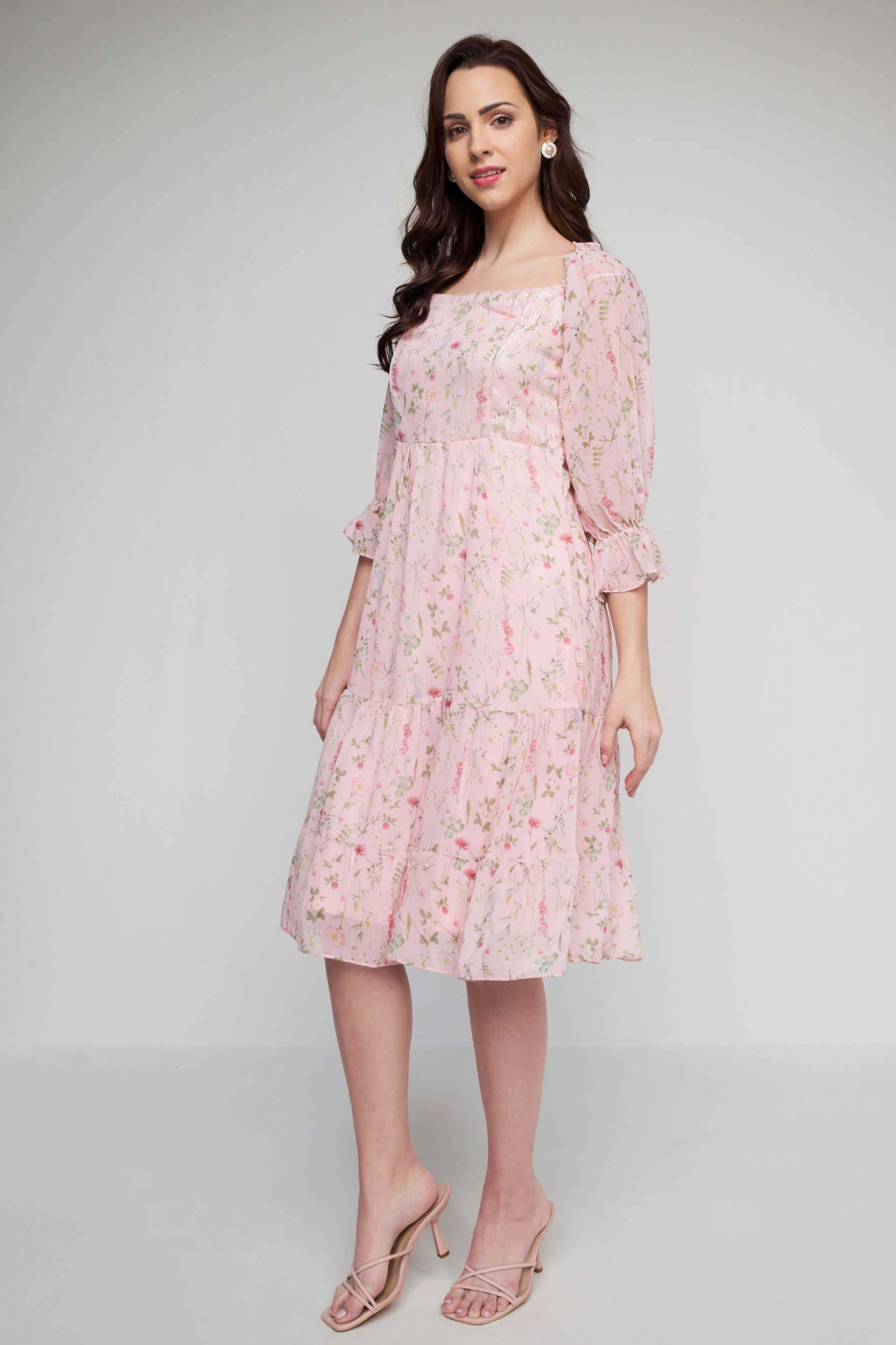 Peach Floral Flared Dress, Peach, image 2