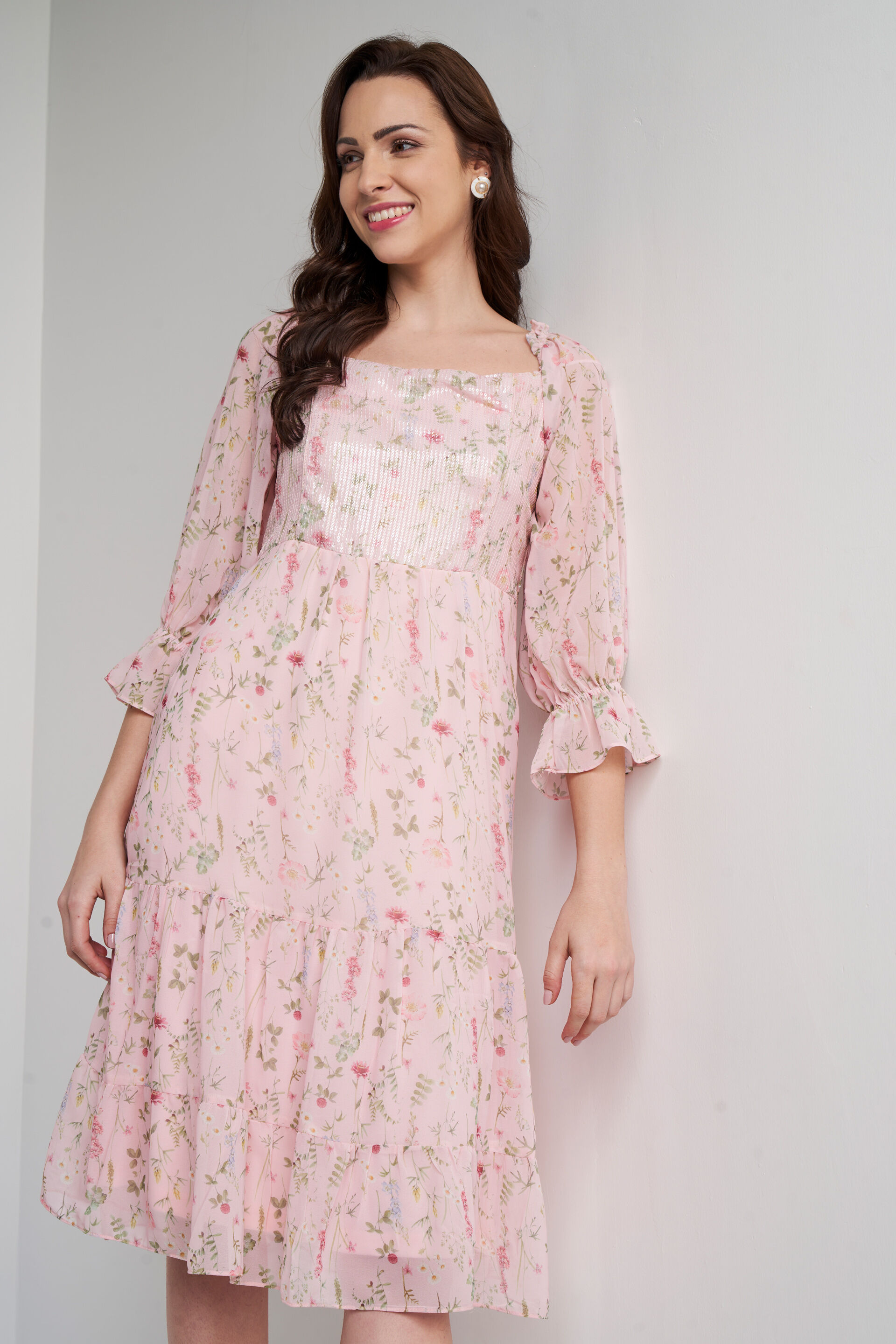 Peach Floral Flared Dress, Peach, image 3