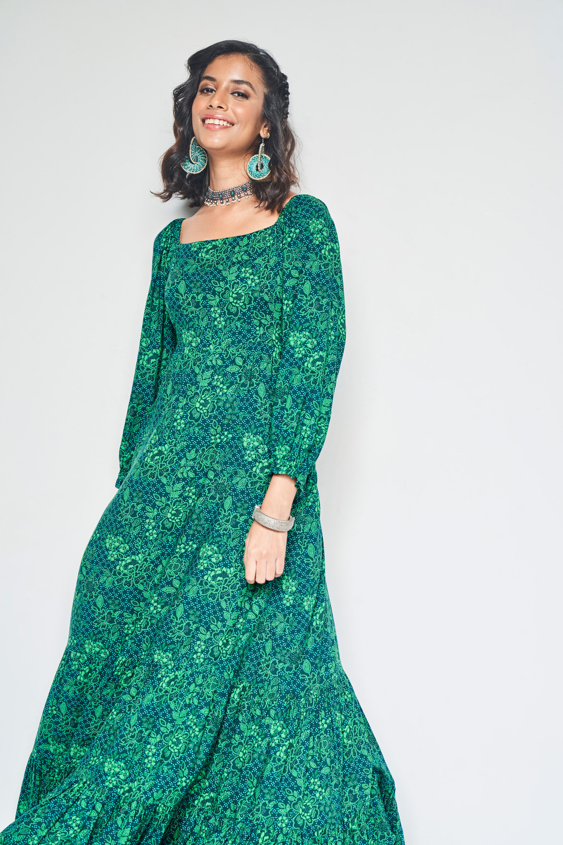 Buy our Green Floral Flared Maxi online from globaldesi.in SC