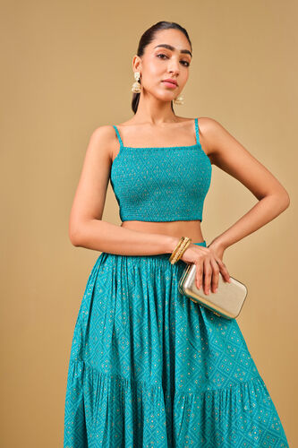 Bandhani Inspired Blue Viscose Skirt Set, Aqua, image 4
