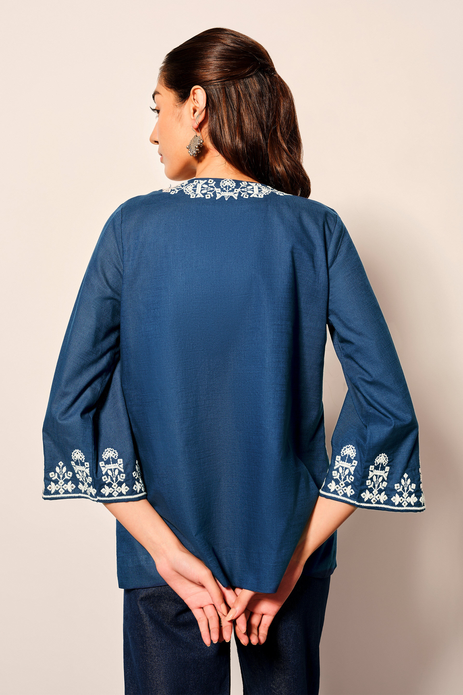 Indigo Blue Embroidered Cotton Jacket, Navy Blue, image 9