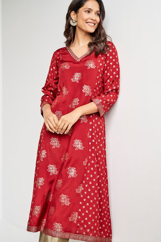 Red Foil Print Flared Slip-On Kurta, Red, image 4