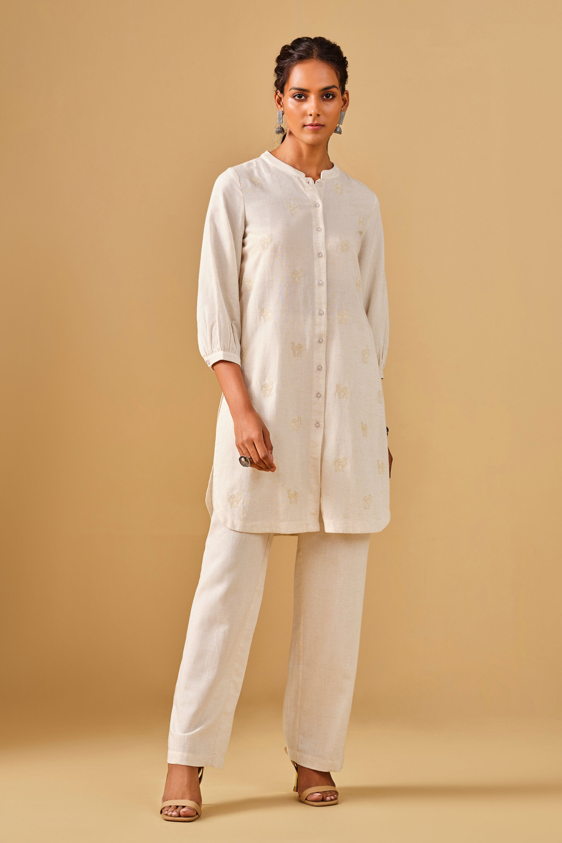 Embroidered Mandarin Collar Viscose Blend Natural Kurta Set, Natural, image 2