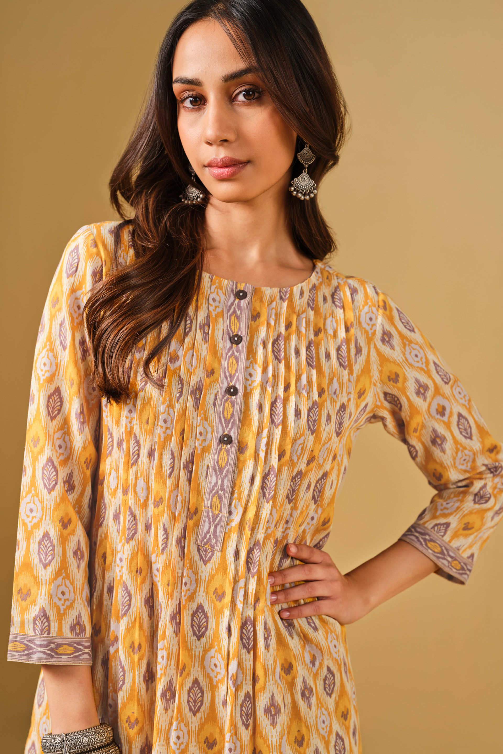 Ethnic Motif Yellow Viscose Kurta Set, Mustard, image 7