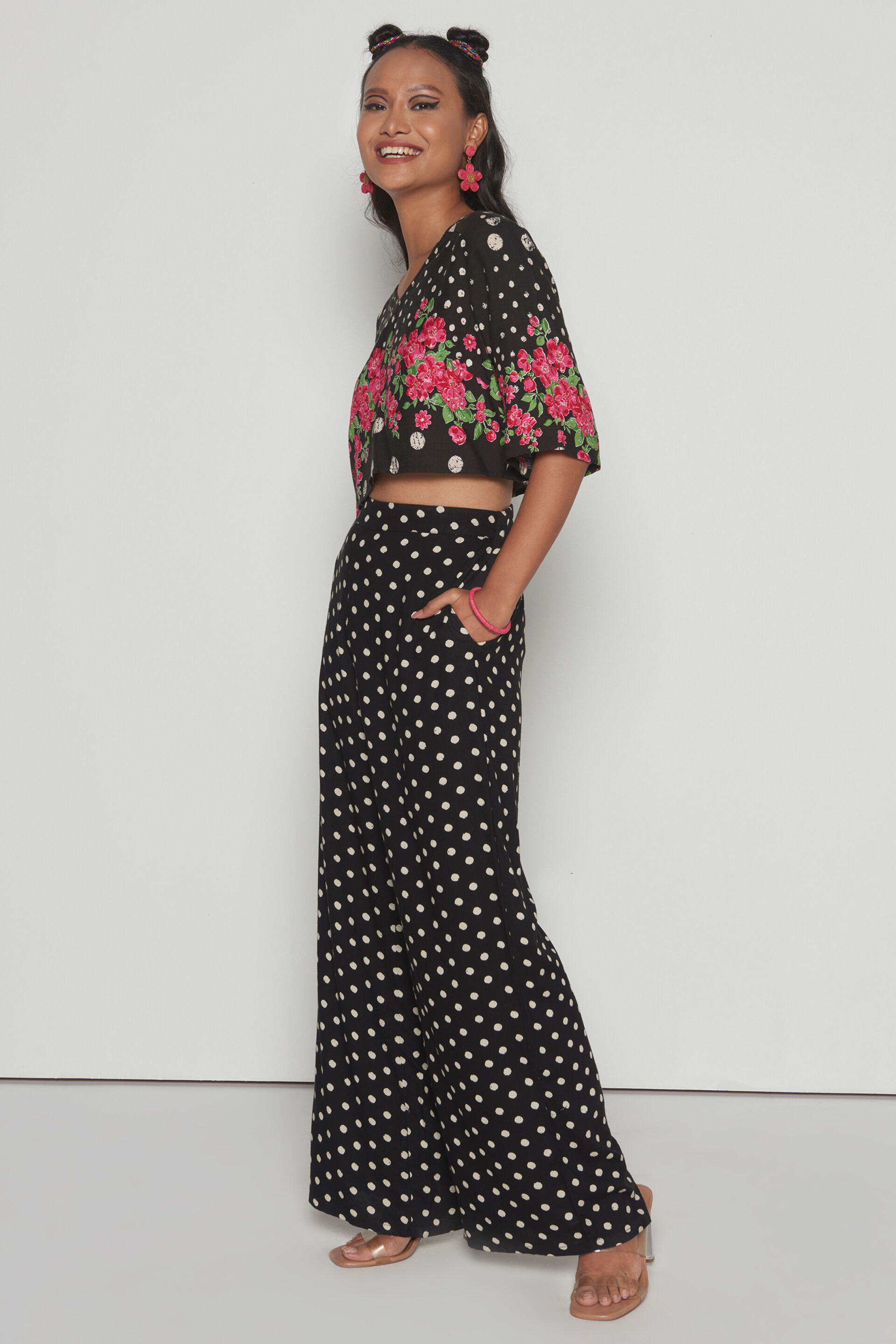 Black Floral-Polka Co-ords Set, Black, image 3