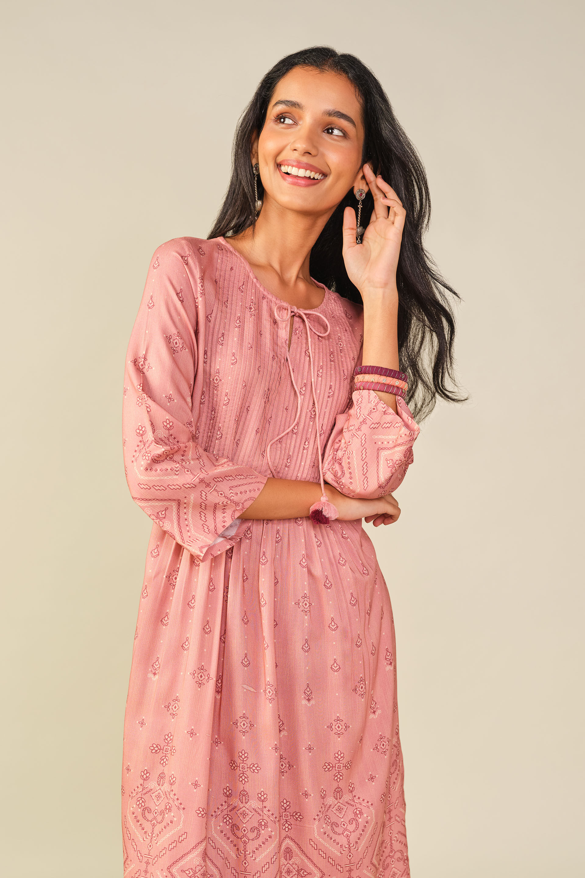 A-Line Printed Kurta Set in Pink, Pink, image 2