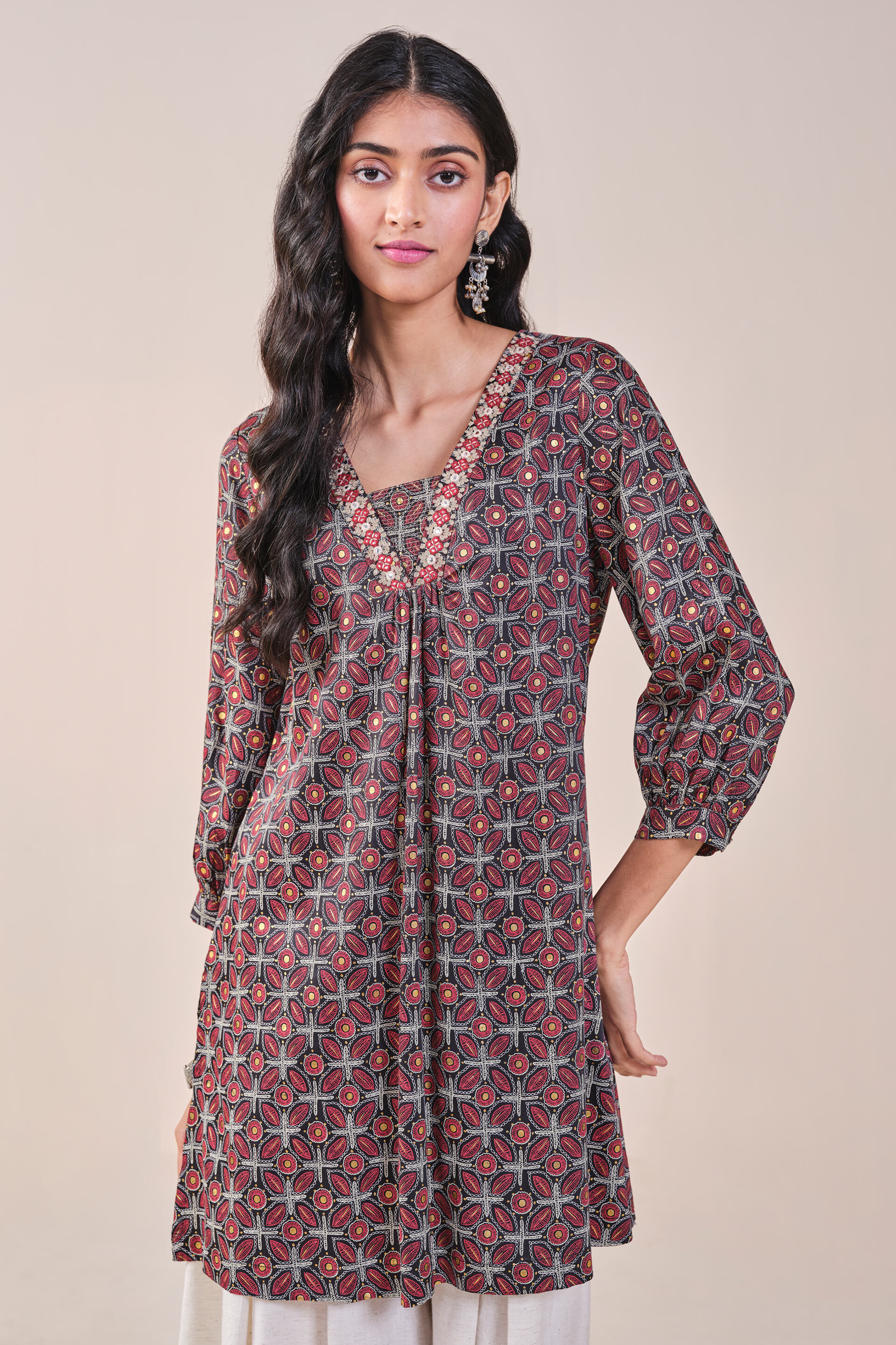 Floral Print Embroidered Tunic, Black, image 5