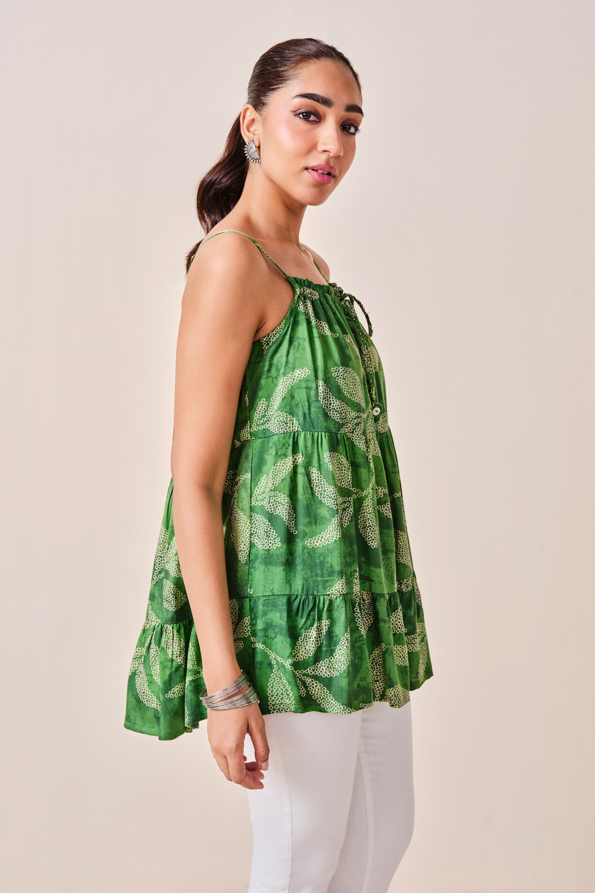 Green Printed Viscose Tiered Top, Green, image 4