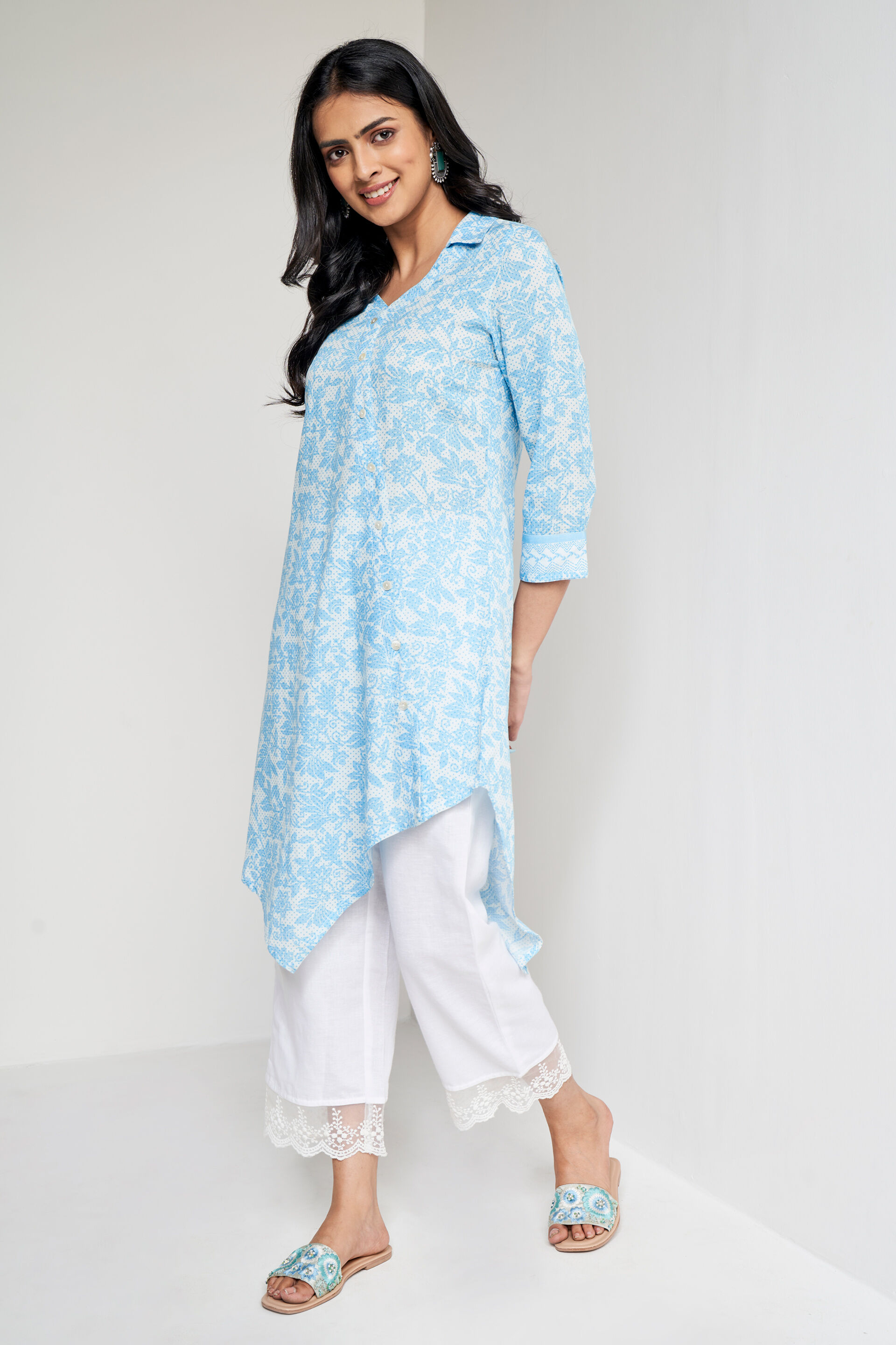 Powder Blue Floral Asymmetric Tunic, Blue, image 6