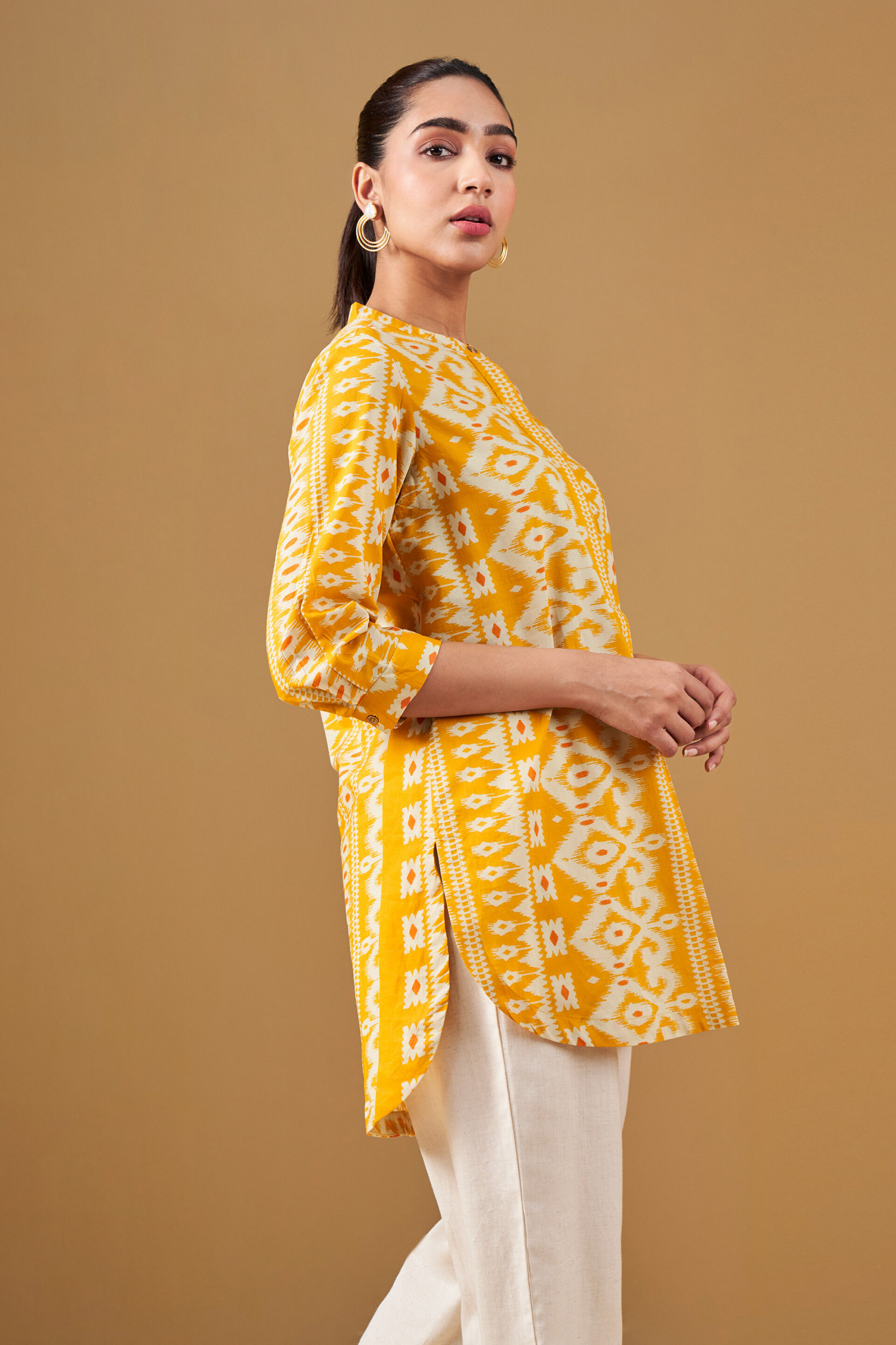 Ikat Print Cotton Yellow Tunic, Yellow, image 5