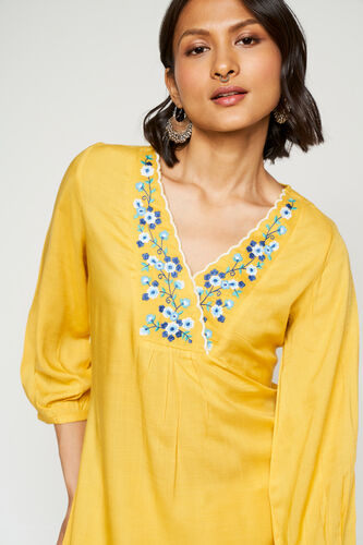 Yellow Solid Embroidered Straight Top, Yellow, image 4