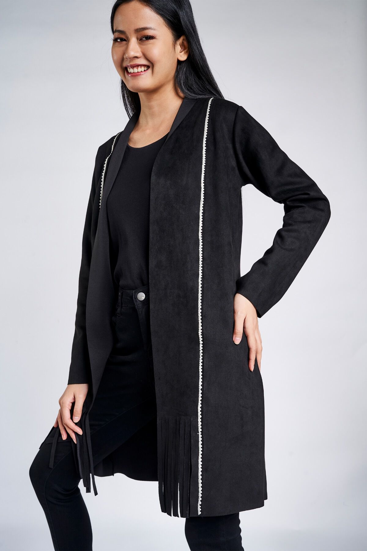 Buy Black Fringed Sheath Longline Shrug 