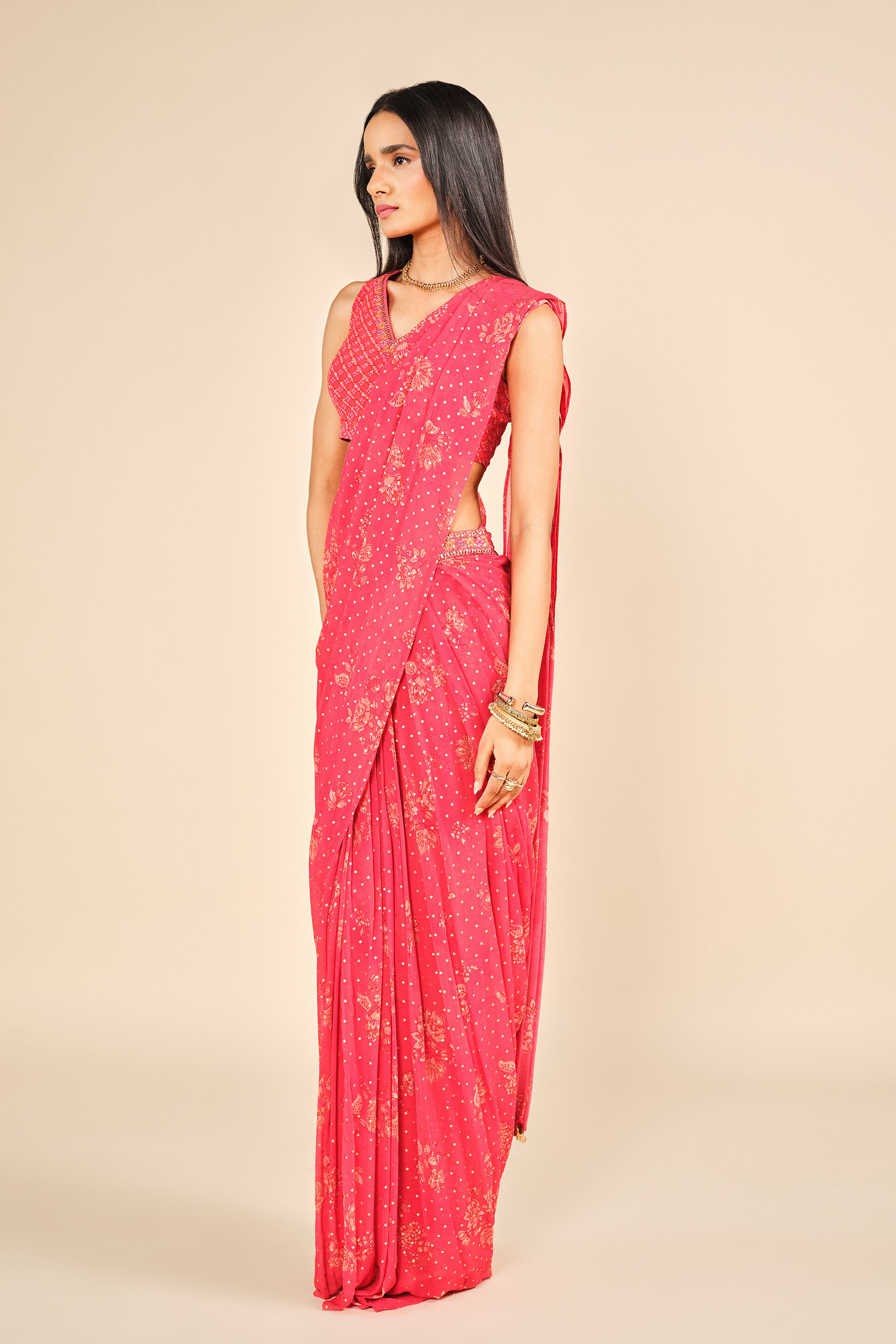 Gulab Phool Pre-draped Saree, Coral, image 6