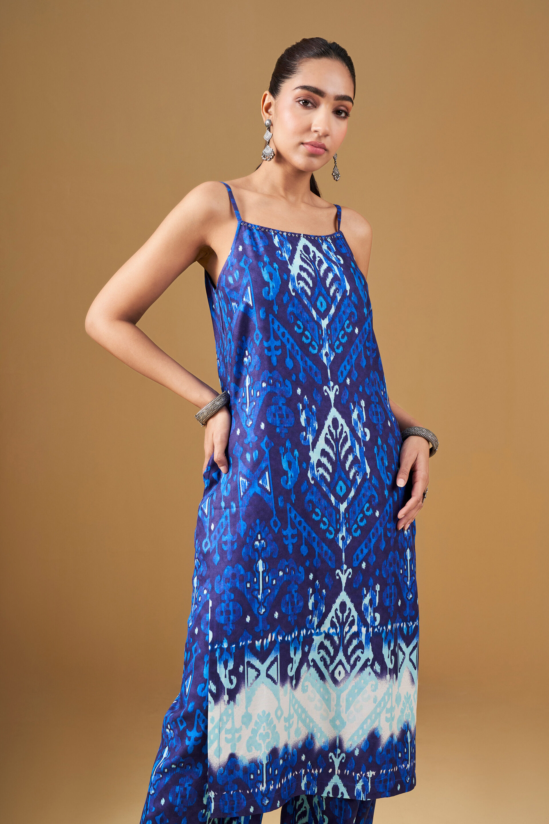 Ikat Print Viscose Straight Blue Kurta Set, Ink Blue, image 5