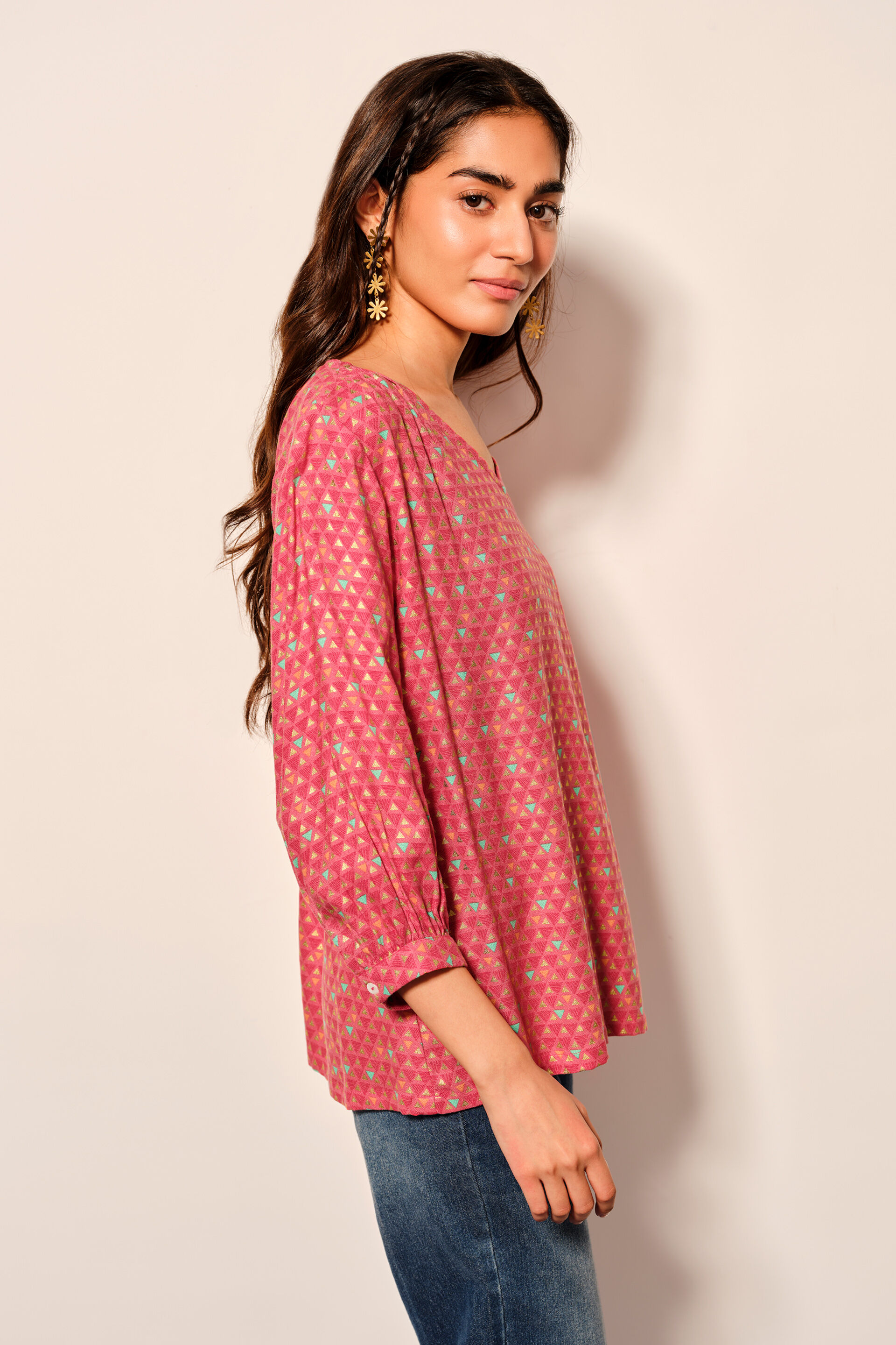 Coral Viscose Top With India-Inspired Print, Coral, image 3