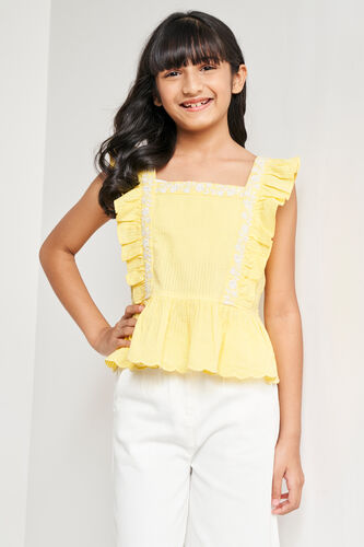 Yellow Solid Embroidered Straight Top, Yellow, image 1