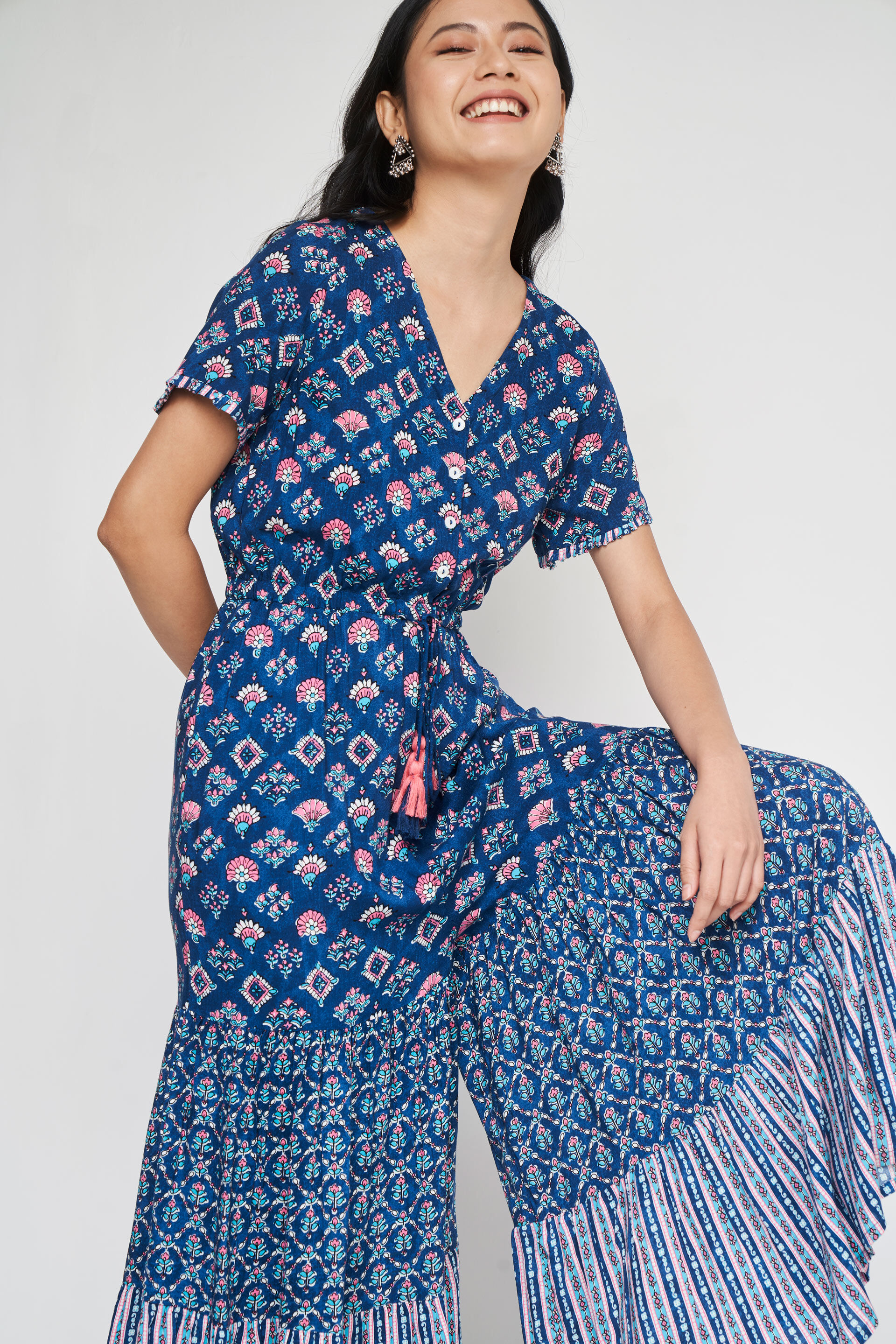 Buy Indigo Geometric Flared Jump Suit Online at Best Price at