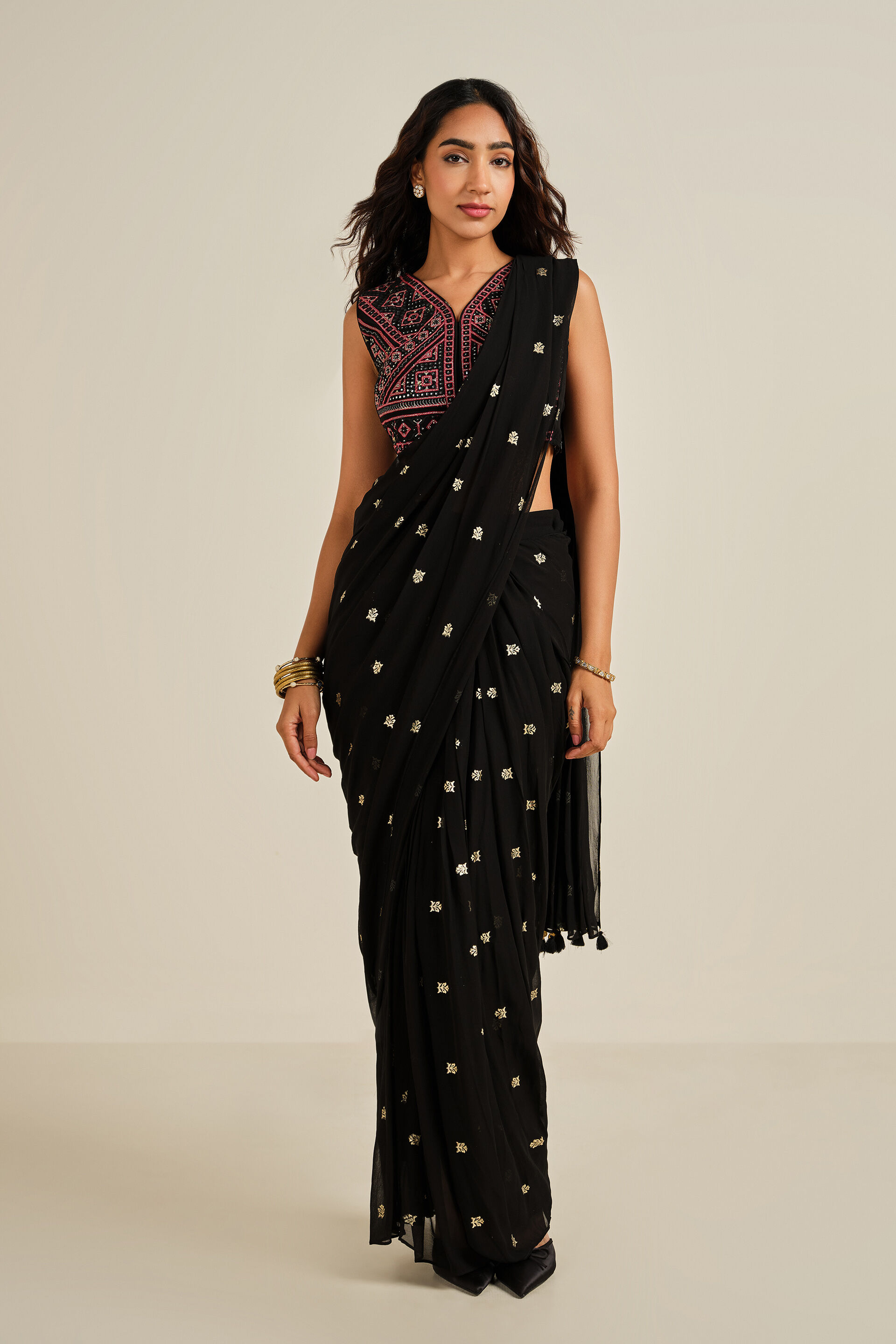 Shaam Sitaara Pre-draped Saree, Black, image 2