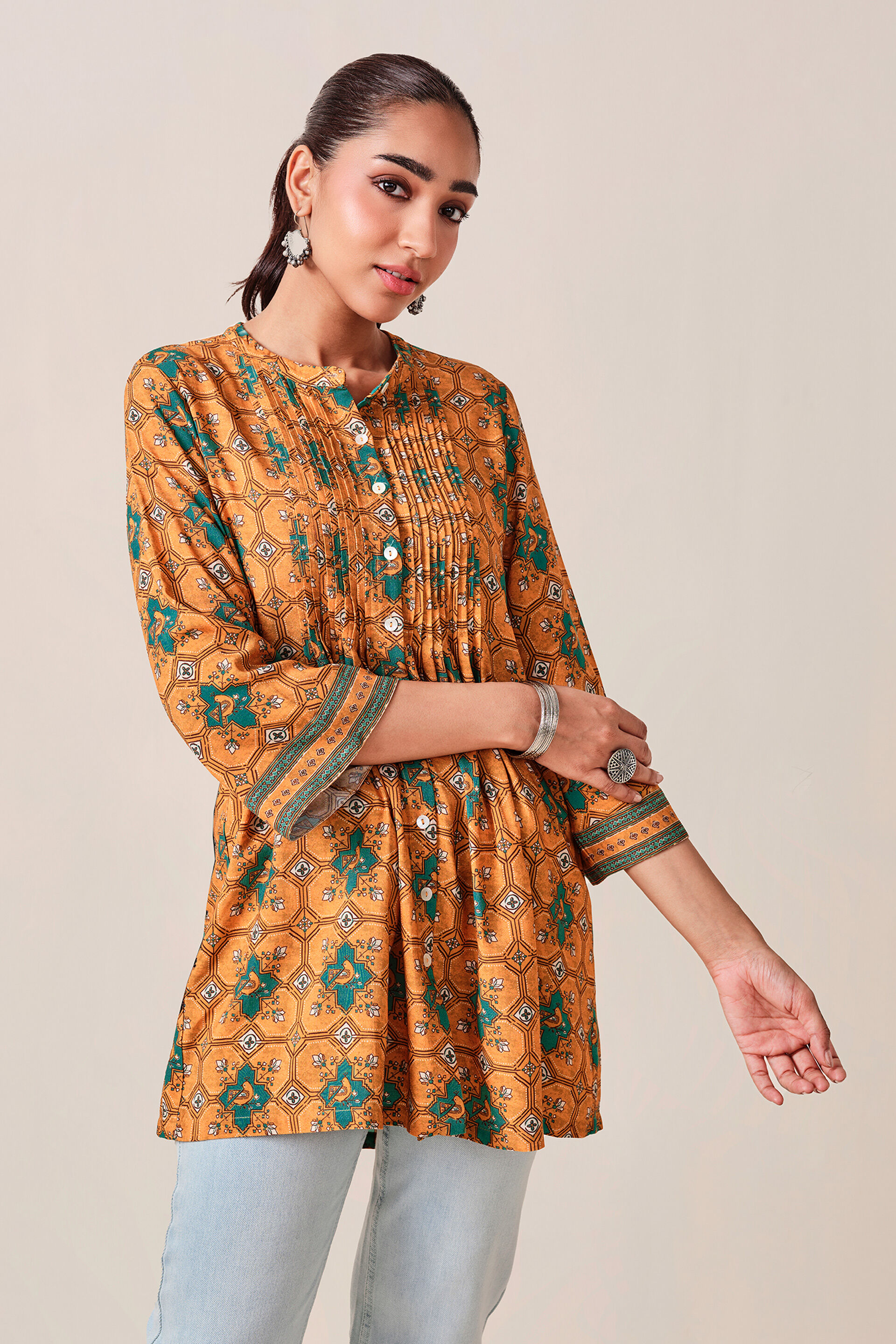 Mustard Abstract Print Kurta , Mustard, image 4