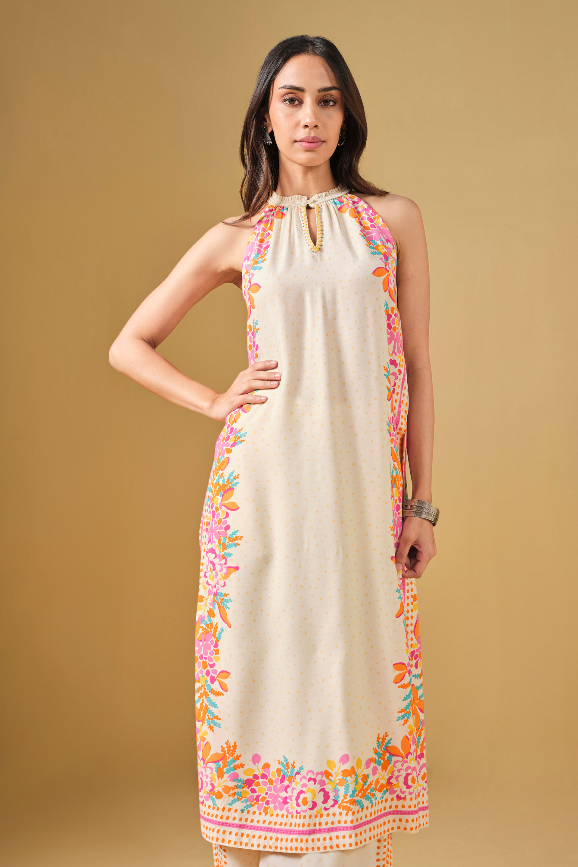 Floral Print Viscose Kurta Set, Off White, image 5