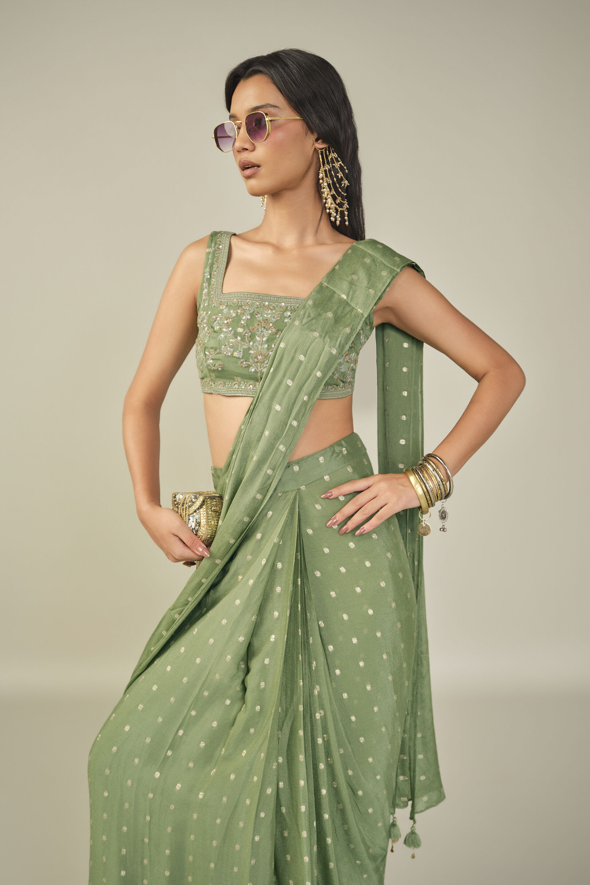 Embroidered Pre-stitched Saree in Sage, Sage Green, image 4