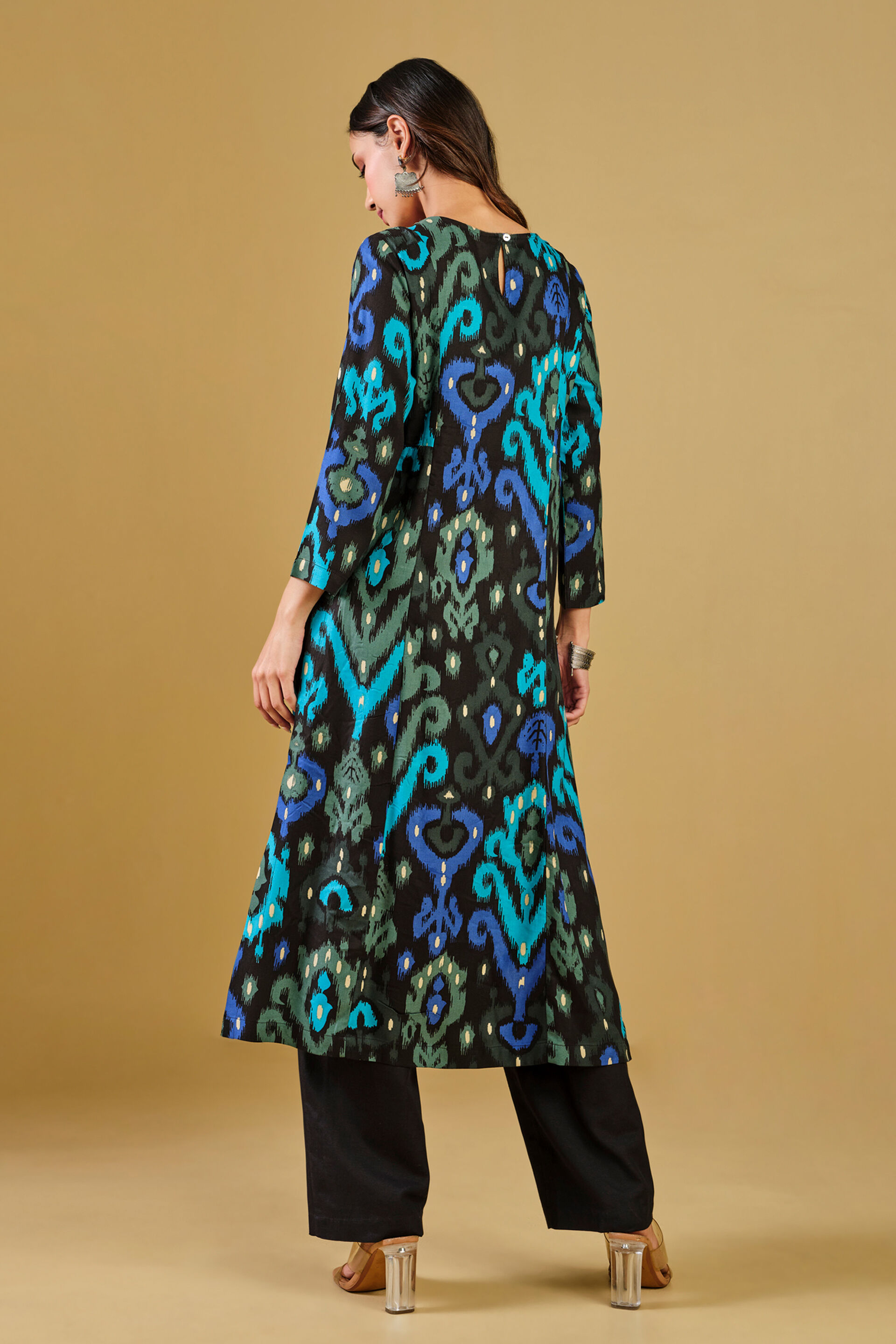 Ethnic Motif Printed Black Viscose Kurta, Black, image 5