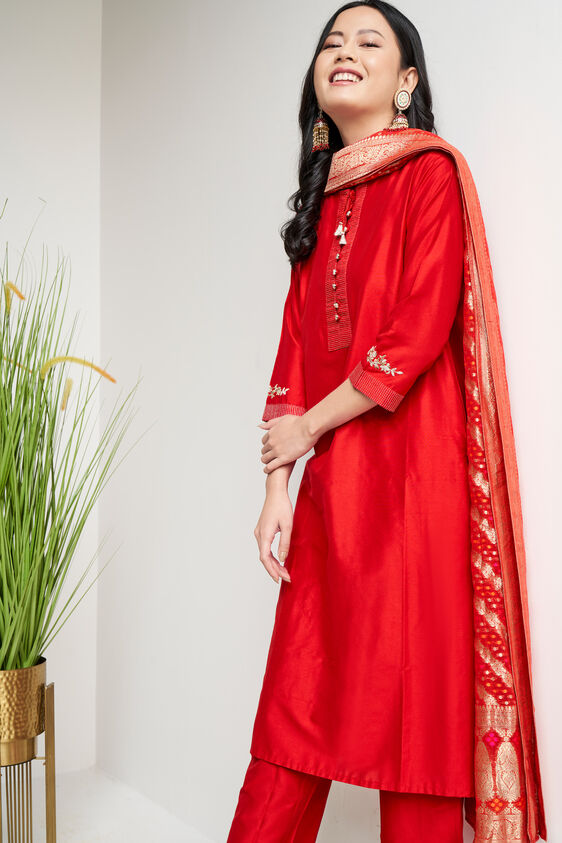 Red Ethnic Motifs Straight Suit, Red, image 7
