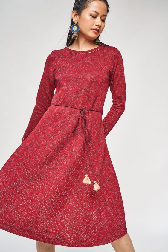 1 - Maroon Embroidered Round Neck Fit and Flare Dress, image 1