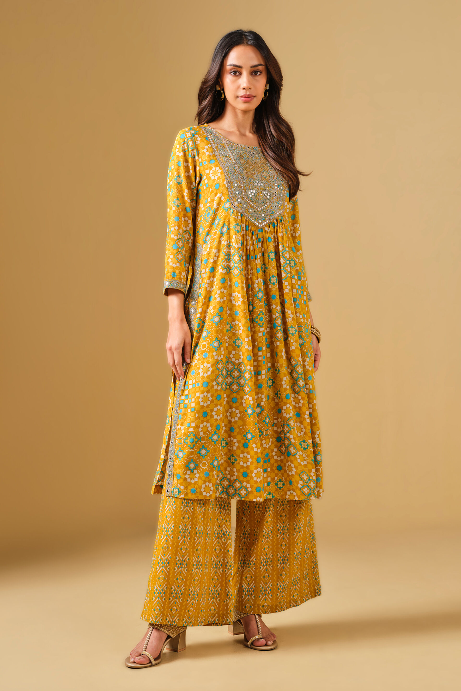 Embroidered Yellow Viscose Kurta Set, Mustard, image 4