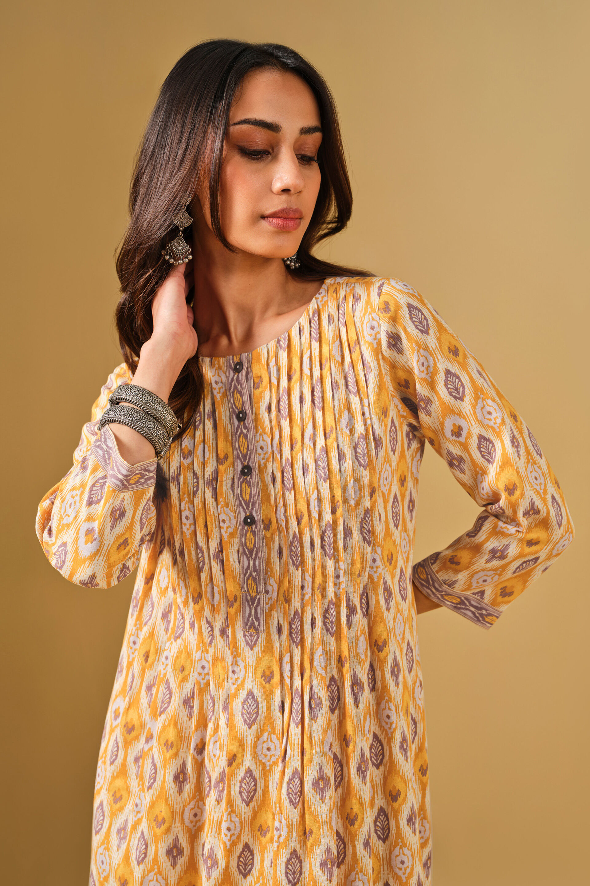 Ethnic Motif Yellow Viscose Kurta Set, Mustard, image 6