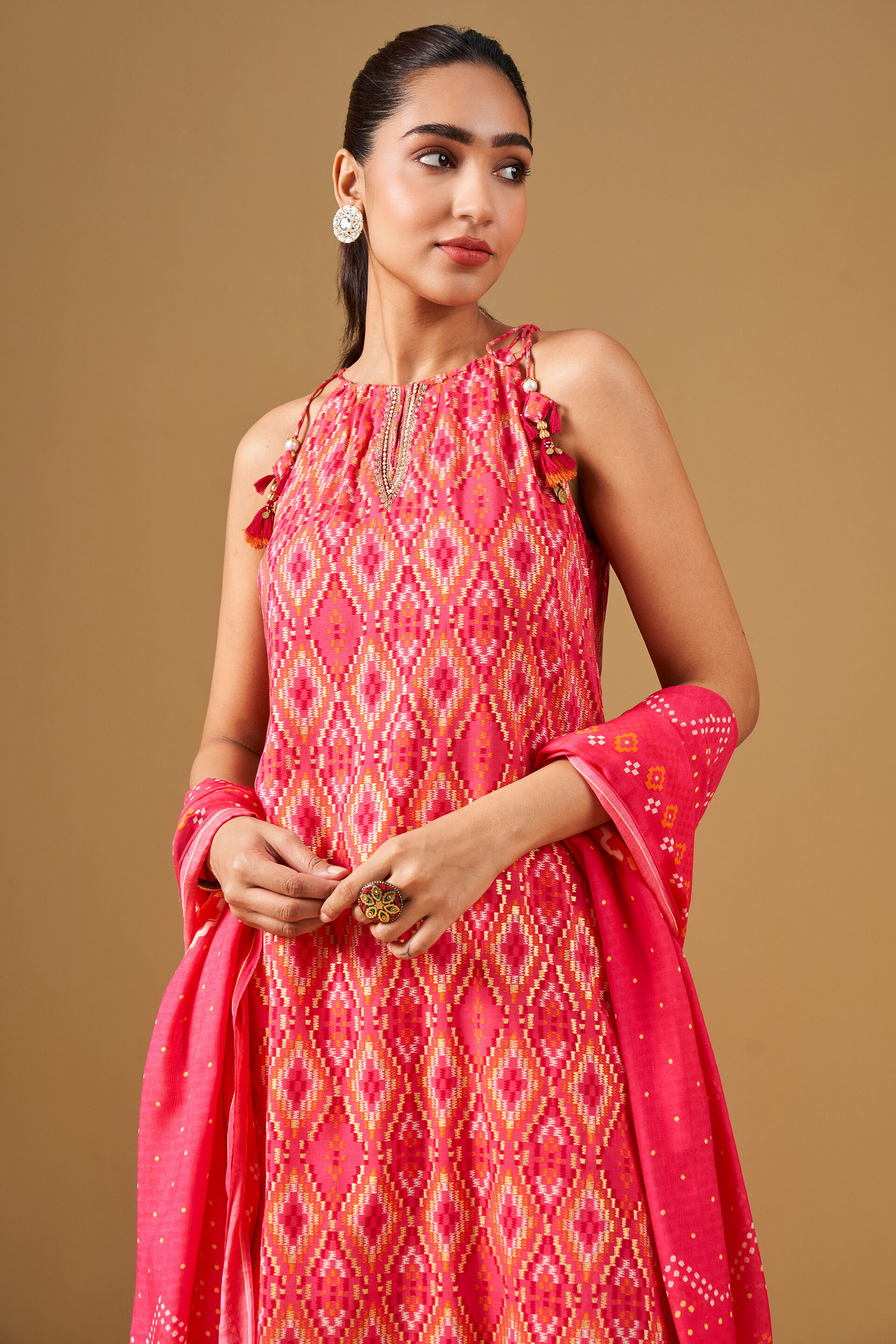 Pink Geometric Print Viscose Kurta Set, Pink, image 5