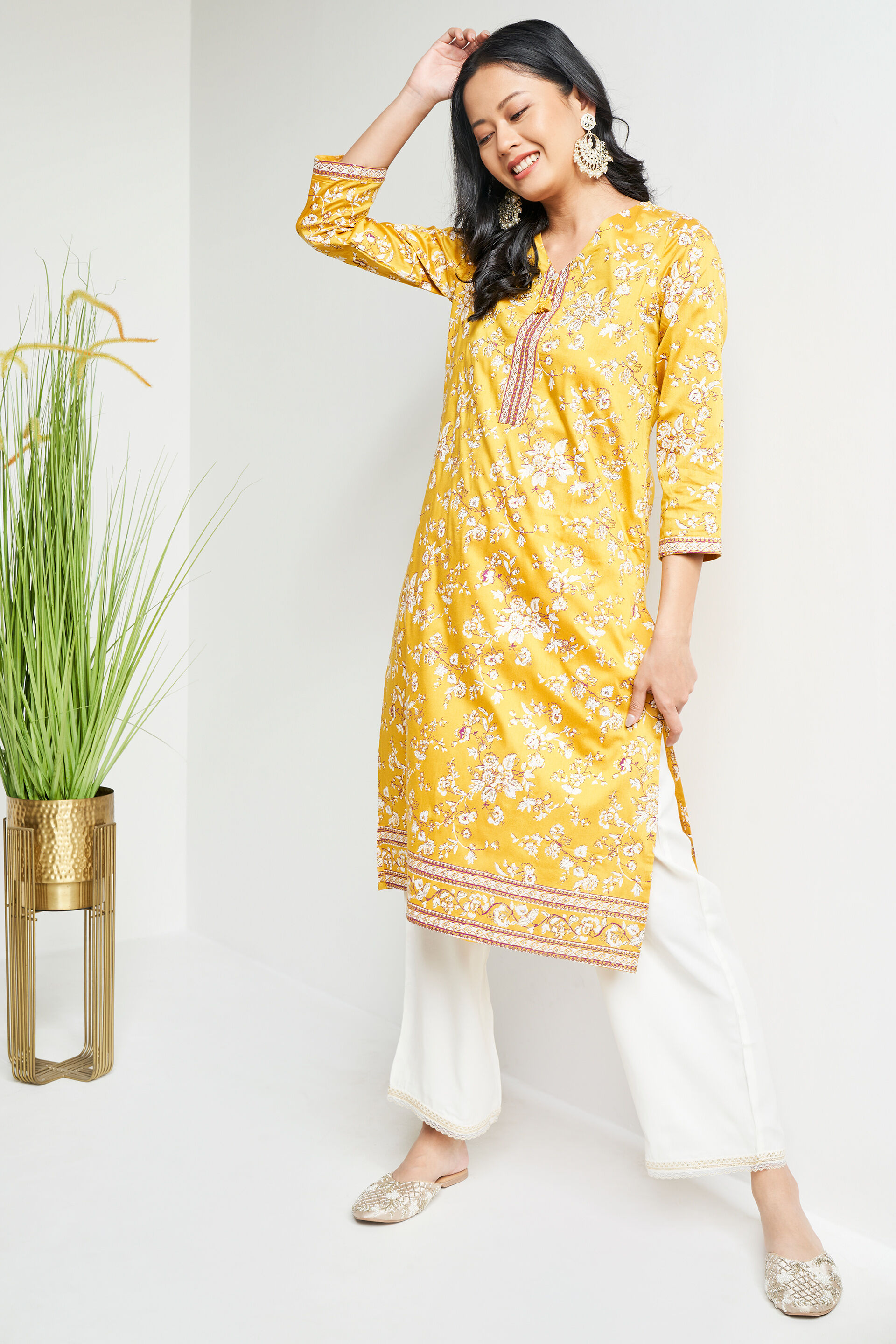 Mustard Floral Tie-Ups Straight Kurta, Mustard, image 5