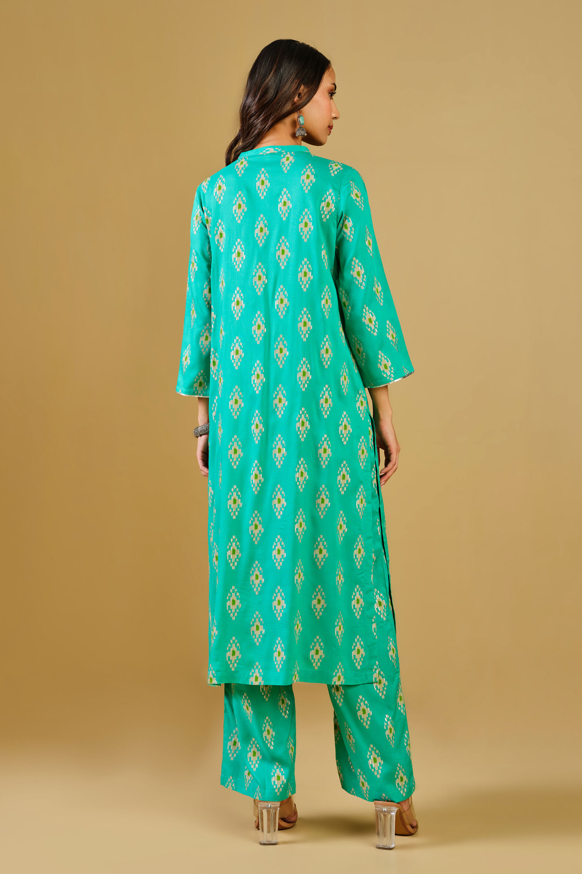 Ethnic Motif Aqua Viscose Kurta Set, Aqua, image 6