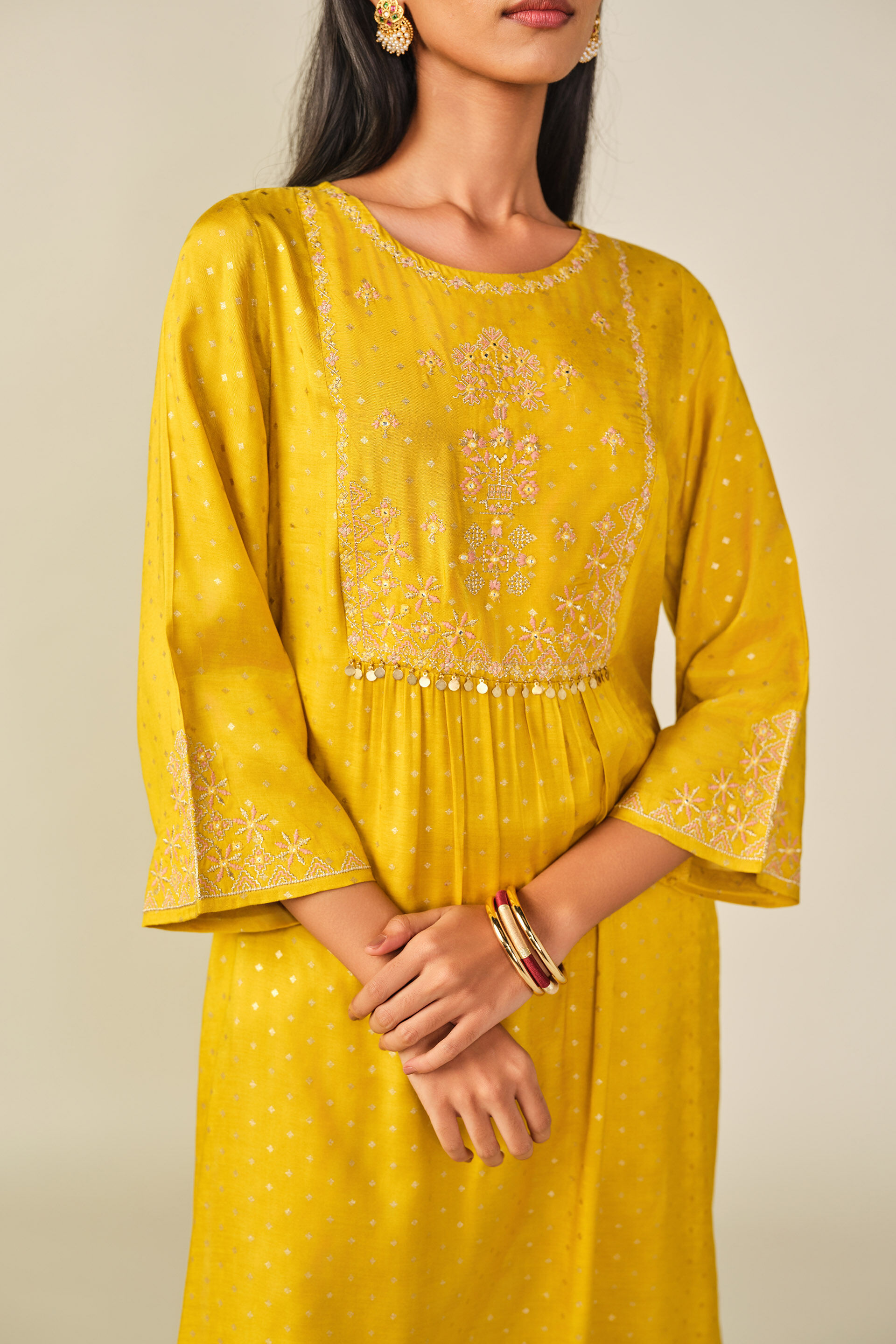 A-Line Embroidered Kurta in Mustard, Mustard, image 2