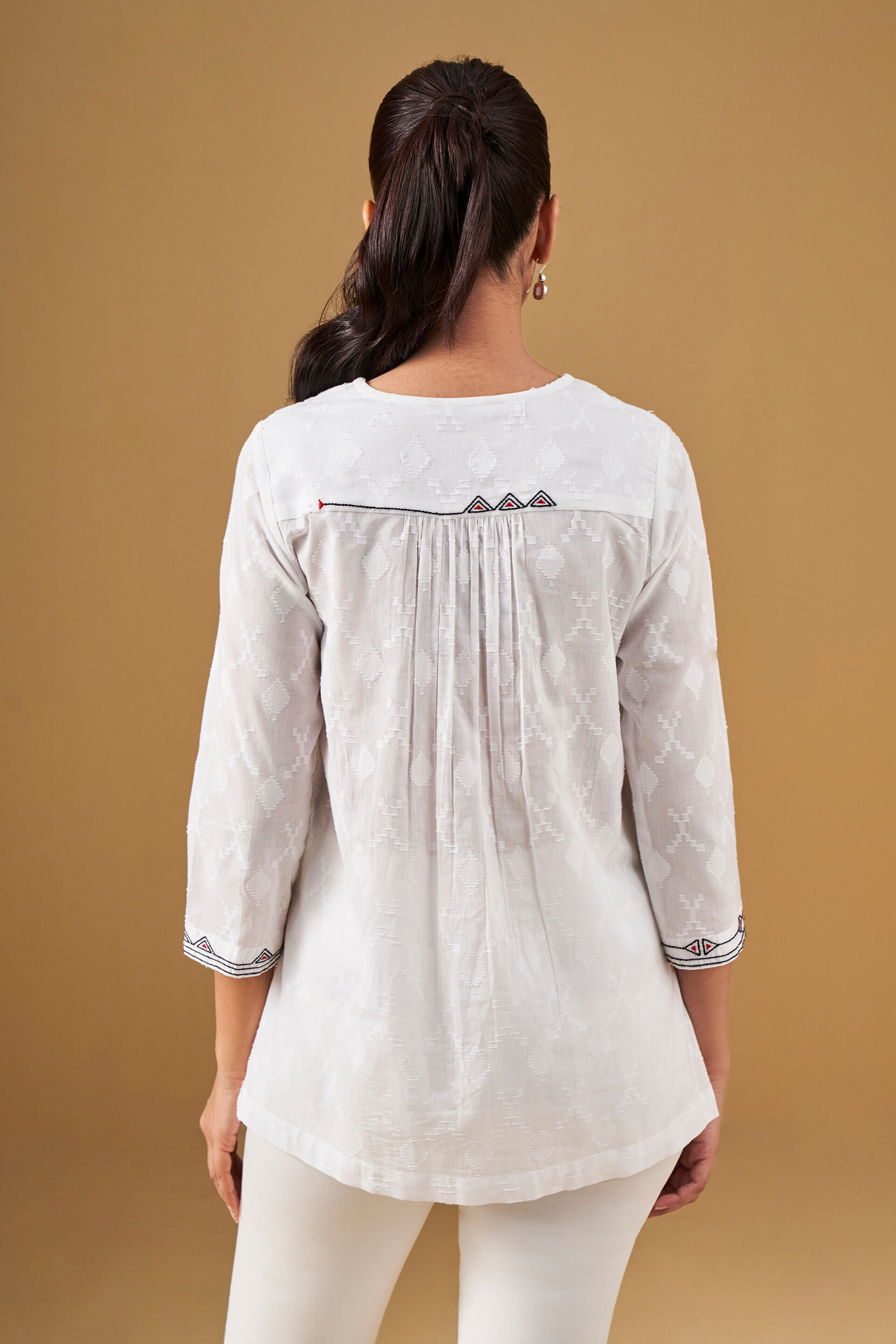 Warli Print Inspired V-neck Top, White, image 3