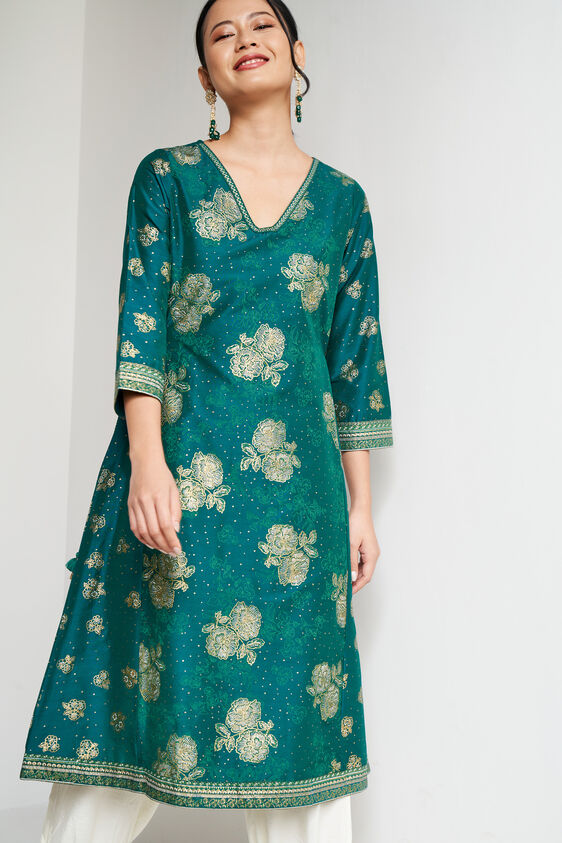 Green Floral Embroidered Fit And Flare Kurta, Green, image 1