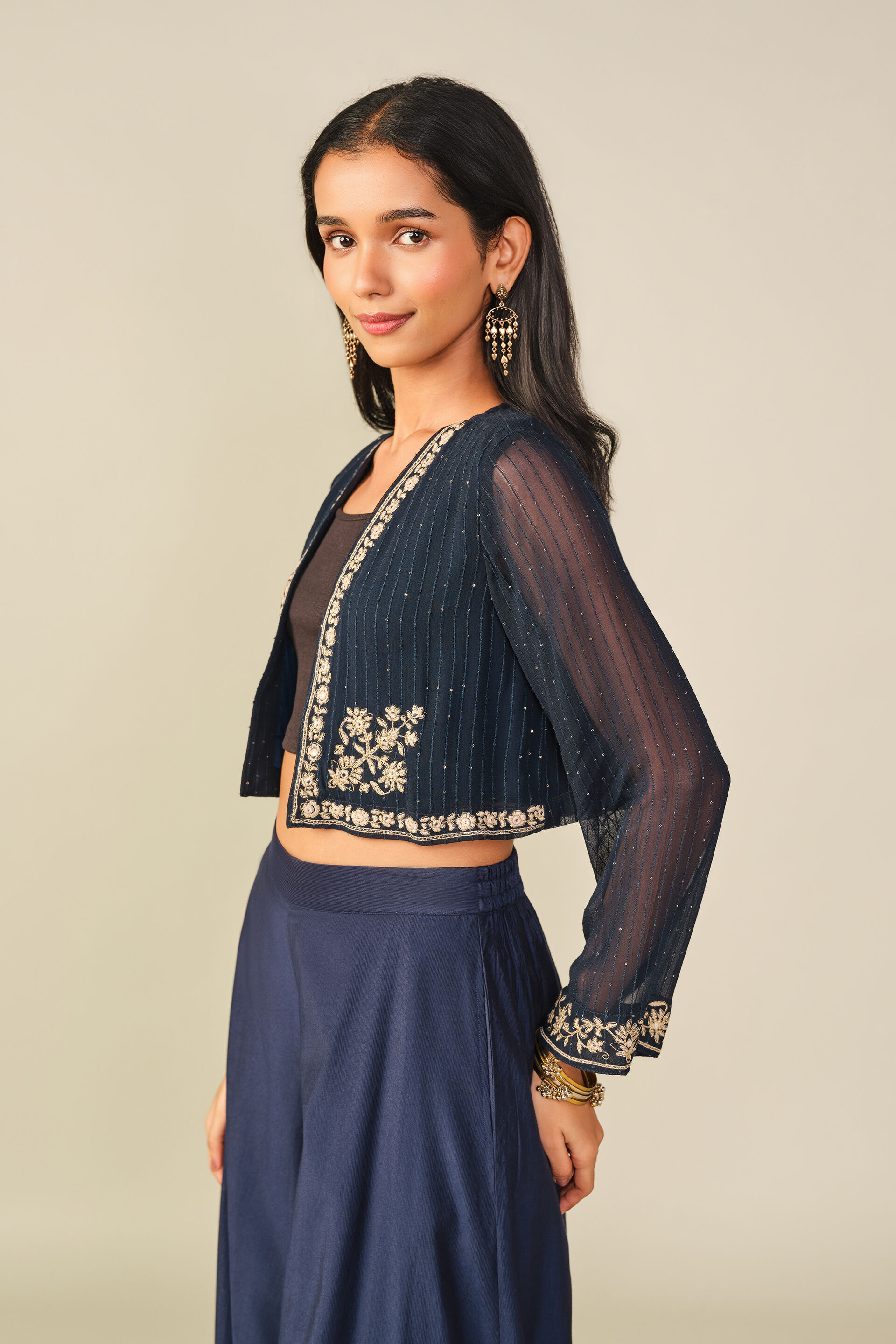 Embroidered Cropped Shrug in Indigo, Indigo, image 3
