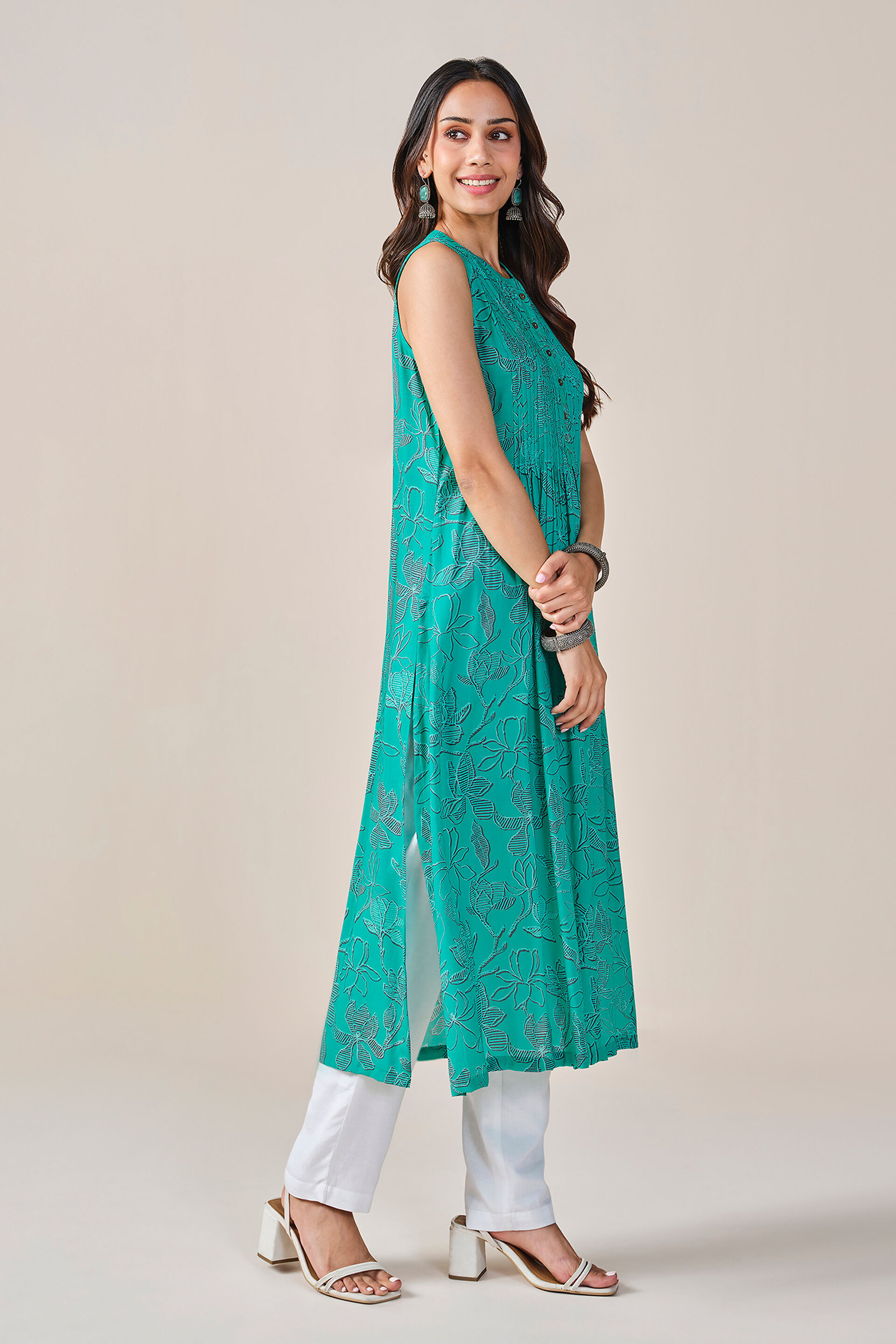 Floral Print Viscose Kurta, Mint, image 2
