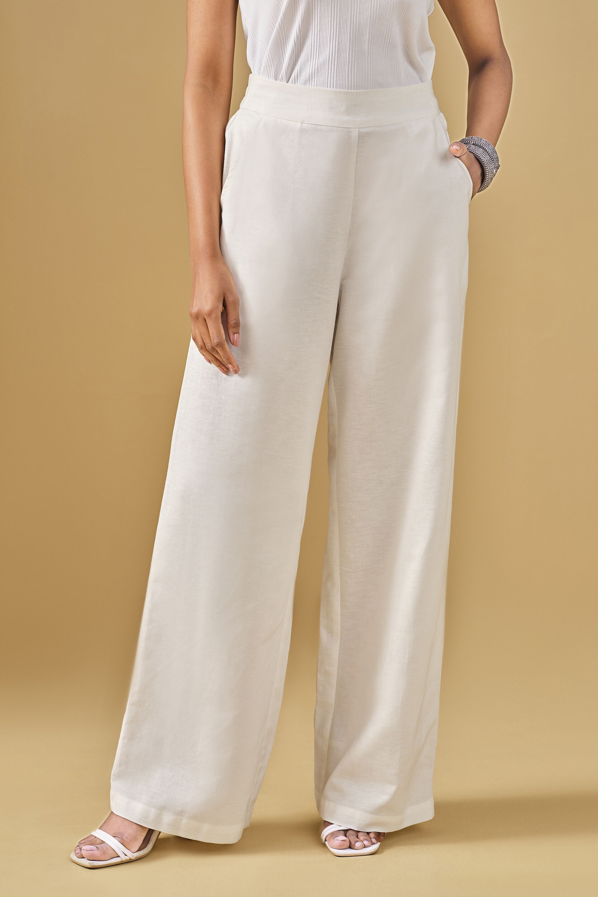 Buy Go Colors Women Solid Viscose Mid Rise Casual Pants - White Online