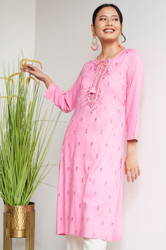 Solid Embroidered Straight Kurta, Pink, image 3