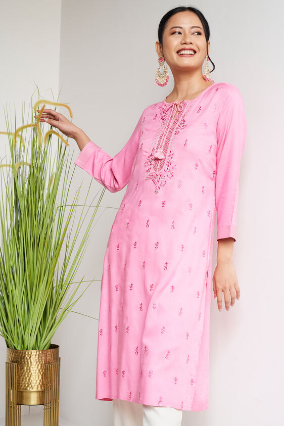 Solid Embroidered Straight Kurta, Pink, image 3