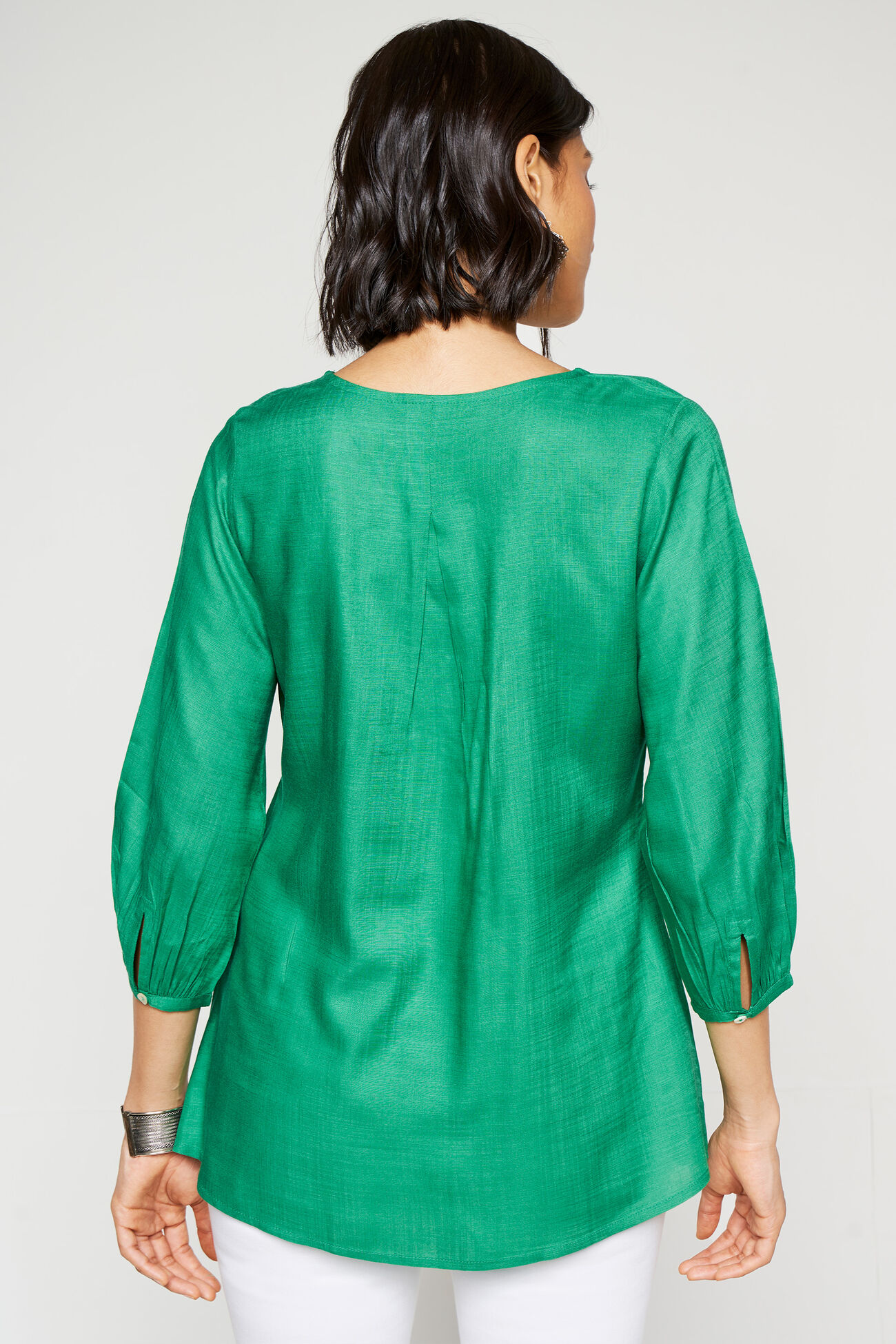 Green Solid Embroidered Straight Top, Green, image 3