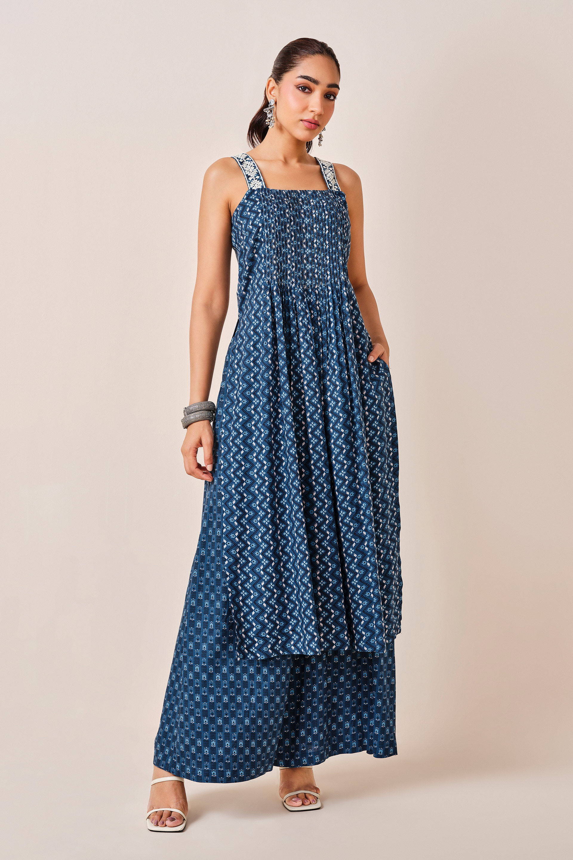 Indigo Chevron Print Viscose Kurta, Indigo, image 6