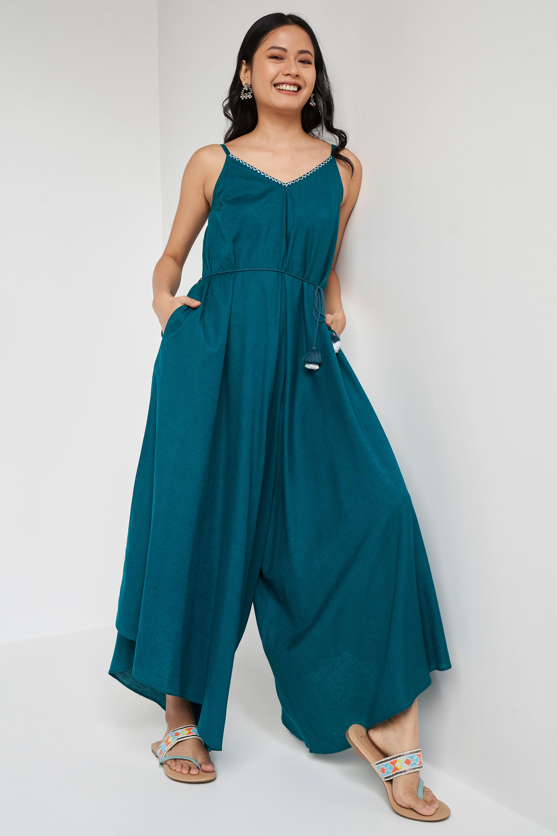 Global Desi Sage Green Floral Straight Jumpsuit – Nykaa Fashion