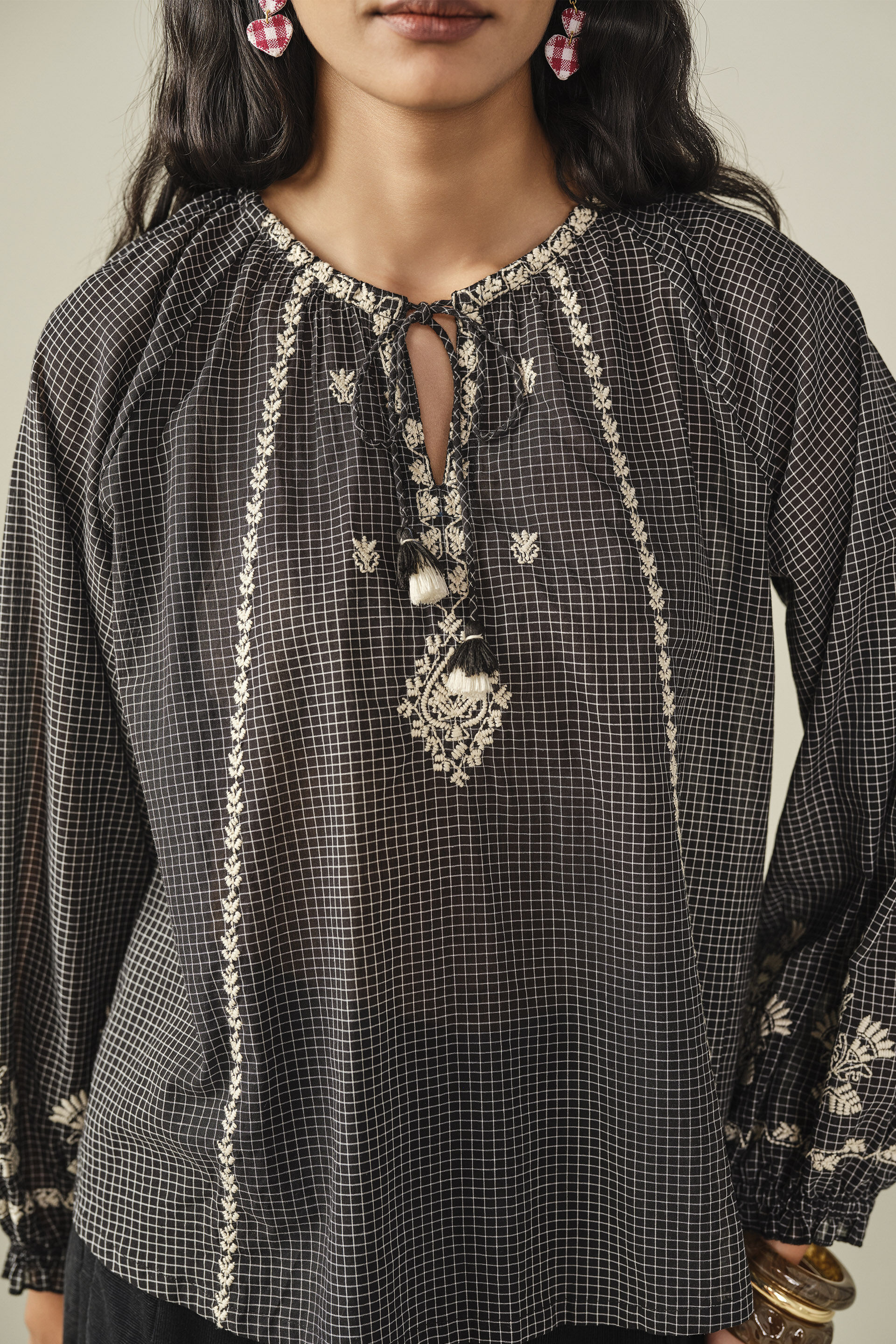 Embroidered Cotton Peasant Top in Black, Black, image 2