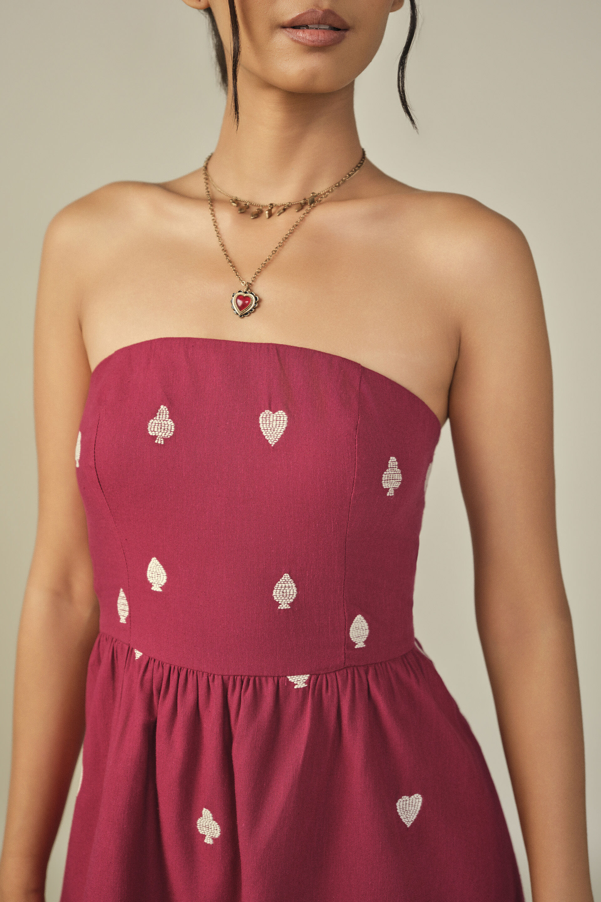 Embroidered Bandeau Midi Dress in Red, Red, image 2