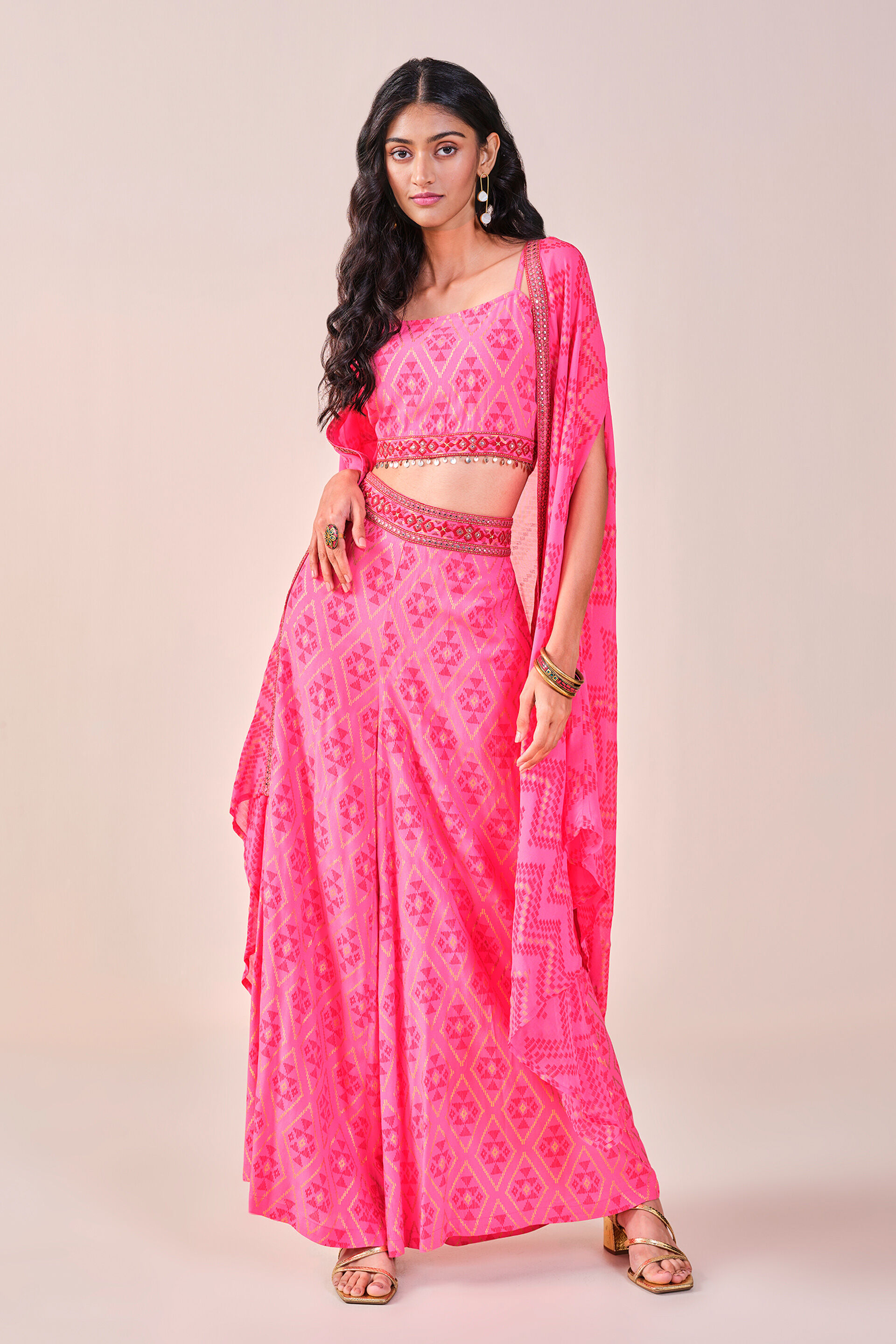 Pink Chevron Embroidered Palazzo Set, Pink, image 6