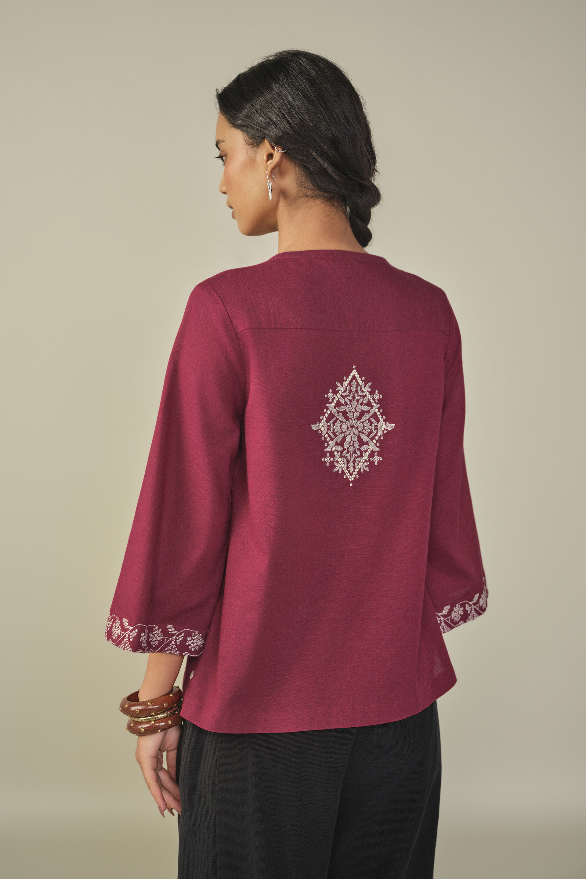 Embroidered Bell Sleeved Top in Red, Red, image 6