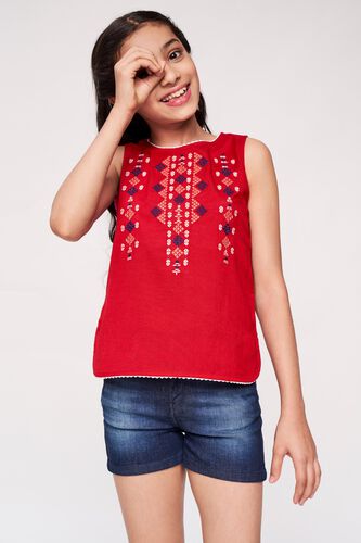 2 - Red Solid Embroidered A-Line Top, image 2
