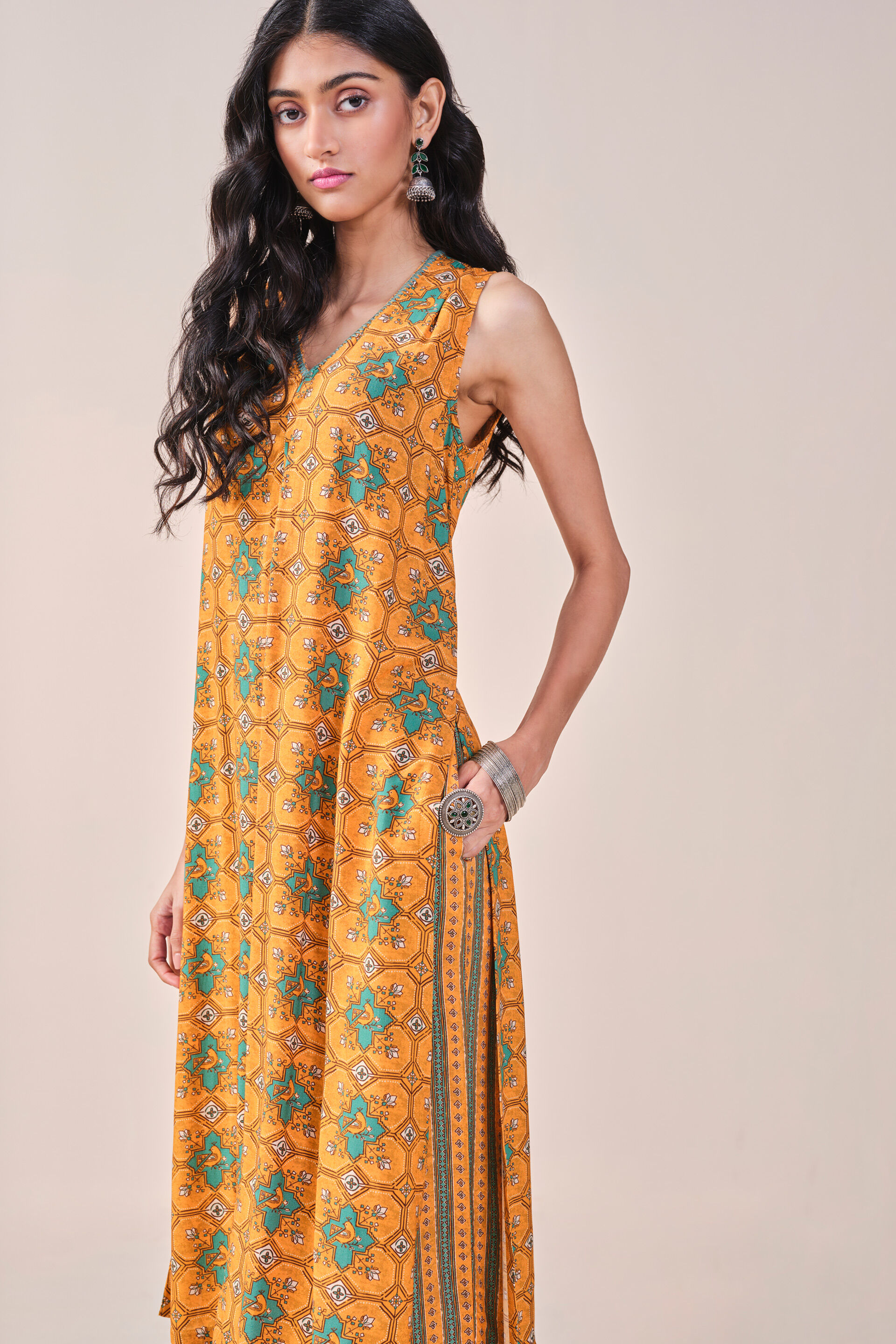 Nature-Inspired Printed Kurta Set, Mustard, image 2